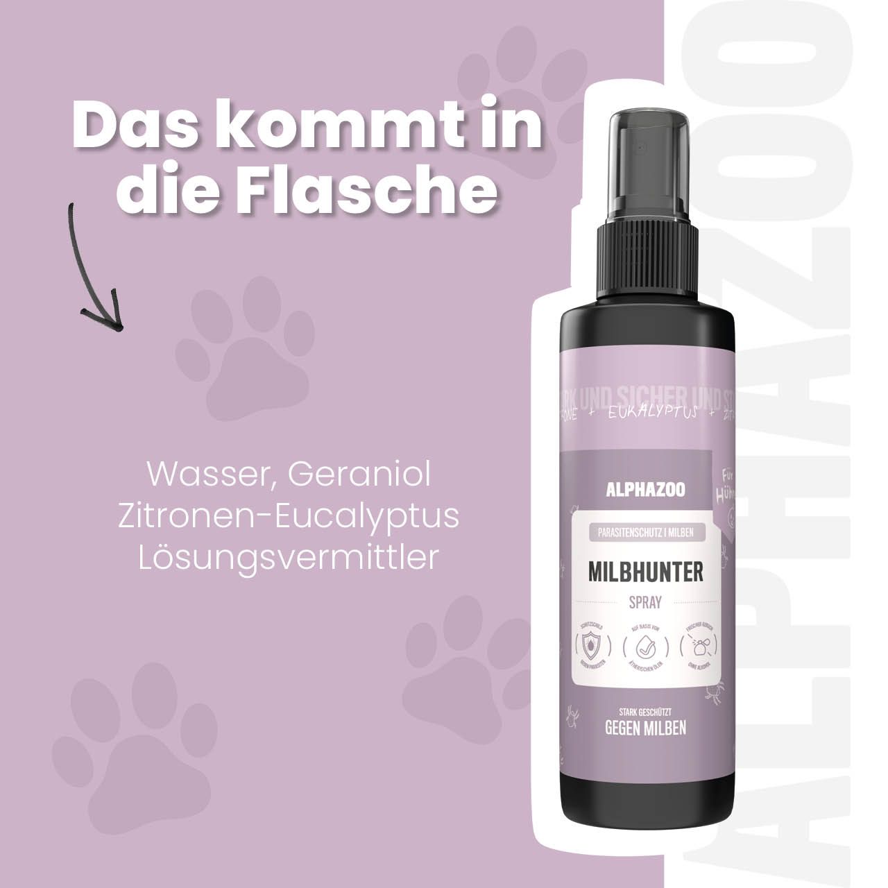 Schwarze Flasche mit Sprühkopf. Text: alphazoo MILBHUNTER Spray. Inhaltsstoffe: Wasser, Geraniol, Zitronen-Eukalyptus.