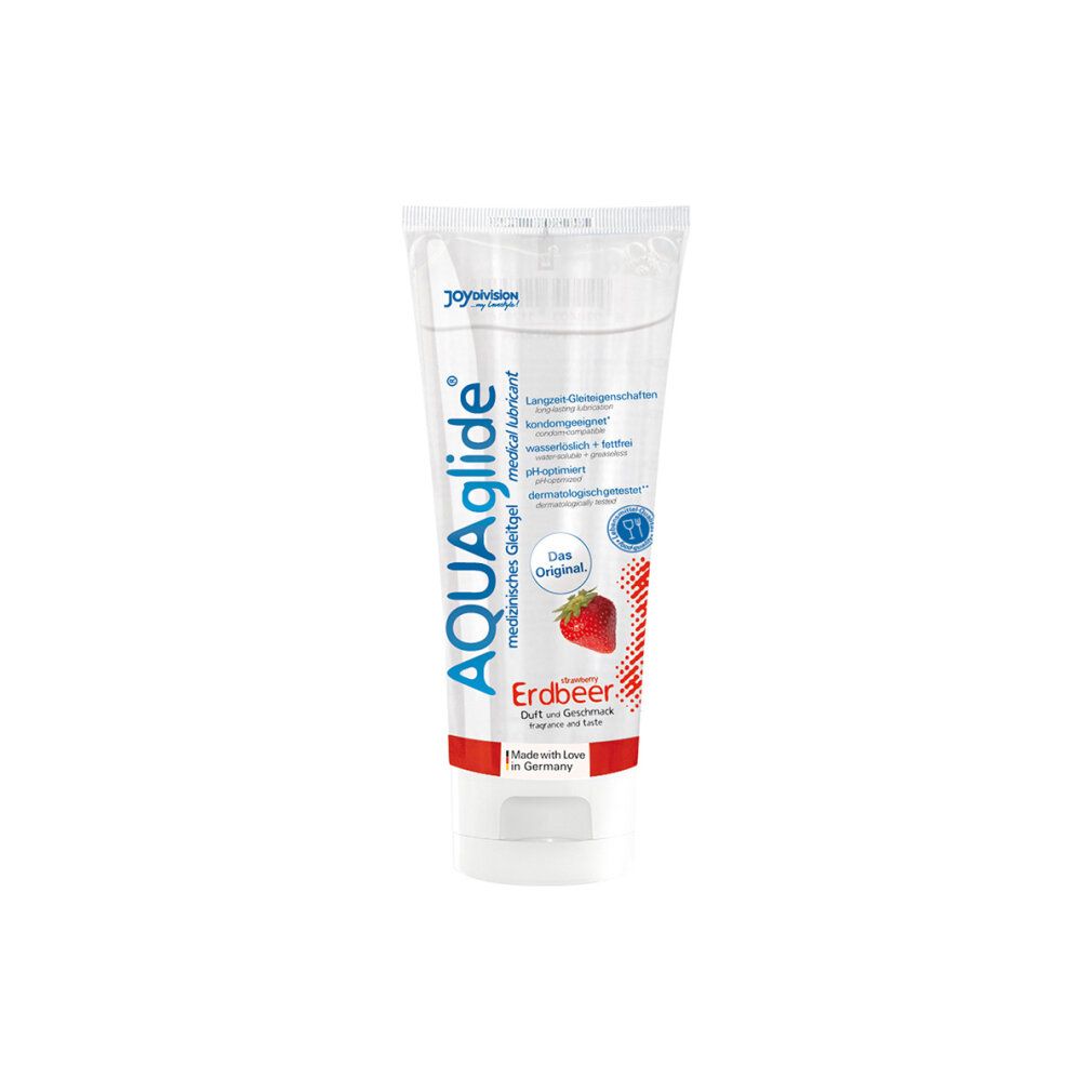 Gleitgel-Tube mit Erdbeeren. AQUAglide, Erdbeer, Das Original. Erdbeeren im Hintergrund. Made in Germany.