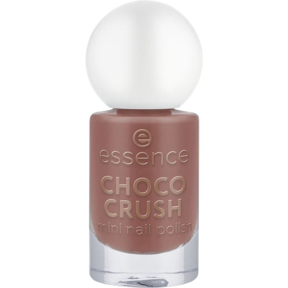 Nagellackflasche mit weißem Deckel. Aufschrift: Essence, Choco Crush, mini nail polish. Farbe: Braun.