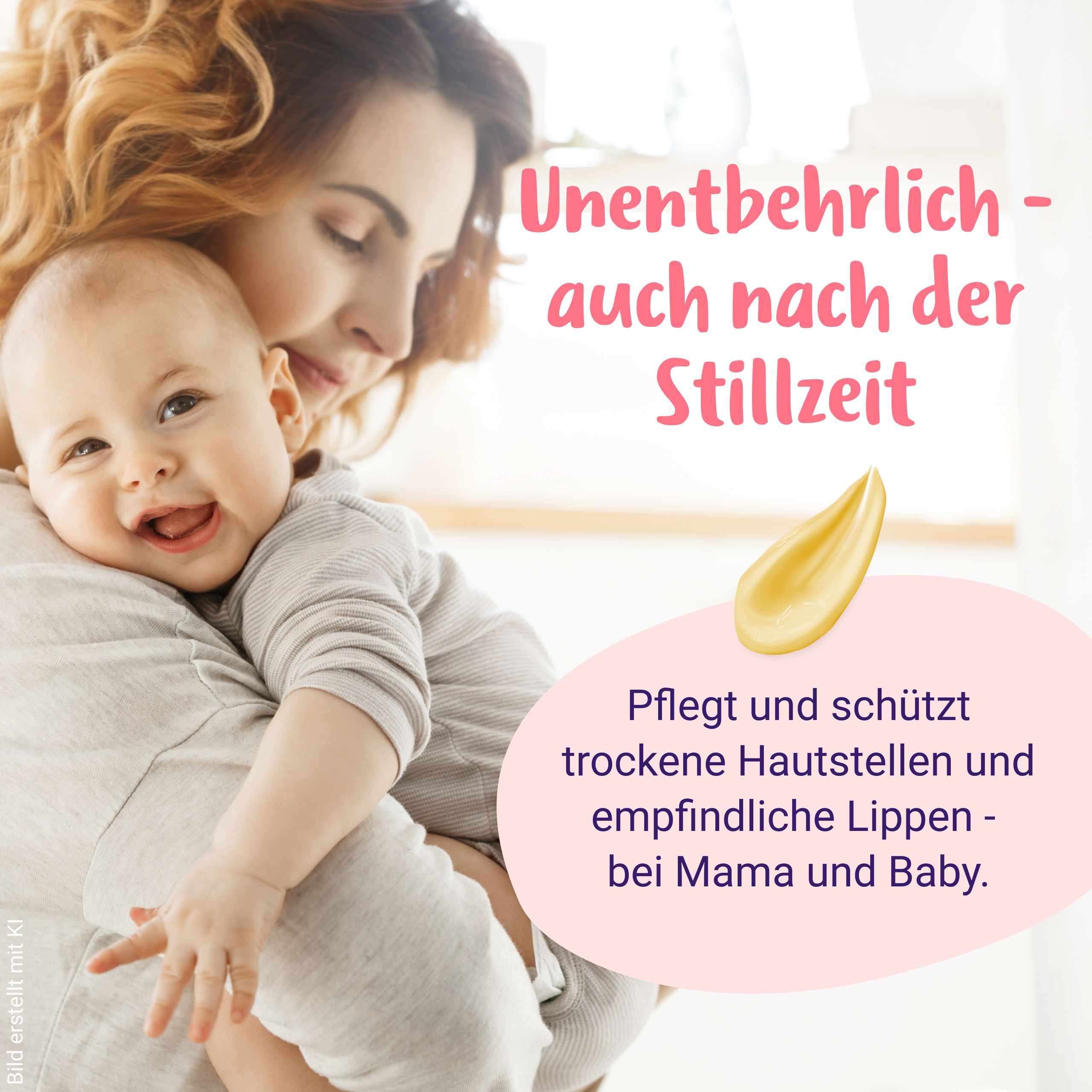 Mutter hält Baby. PregniVital Lanolin pflegt trockene Hautstellen und Lippen.