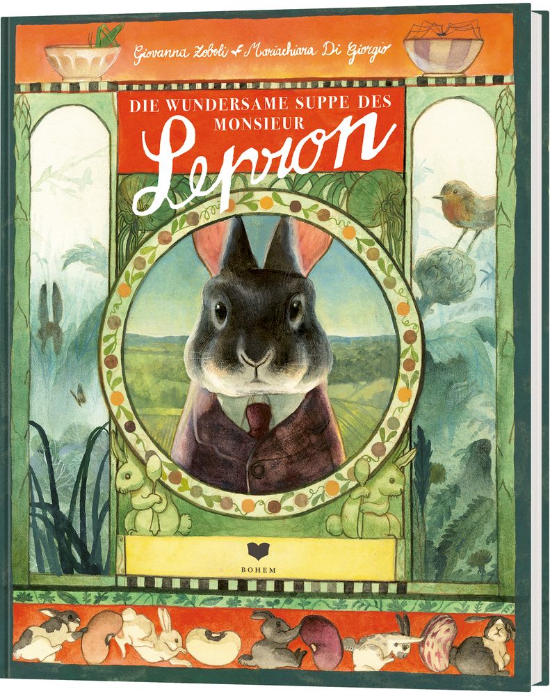Buchcover mit Illustration eines Kaninchens im Anzug. Titel: Die wundersame Suppe des Monsieur Lepron. Autorennamen.