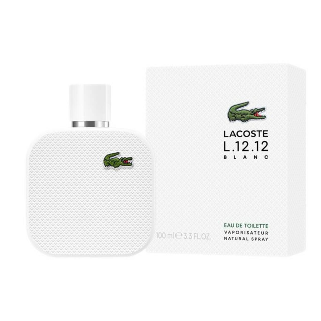 Weißer Flakon und Verpackung. Grünes Krokodil-Logo. Aufschrift Lacoste L.12.12 Blanc. Eau de Toilette.