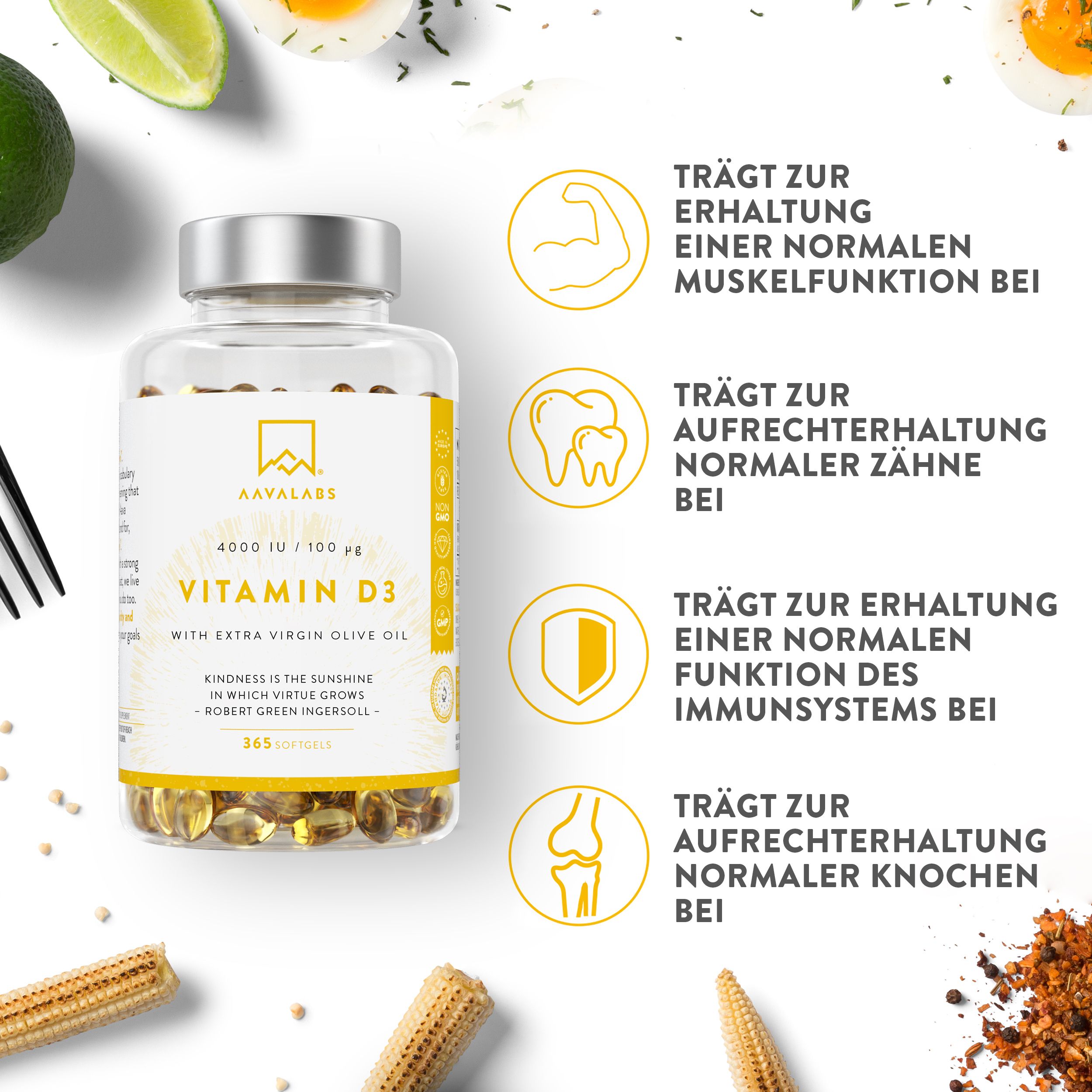 Vitamin D3-Flasche mit Illustrationen. Aufschrift: AAVALABS, Vitamin D3.  Enthält Informationen zu Muskeln, Zähnen, Immunsystem und Knochen.