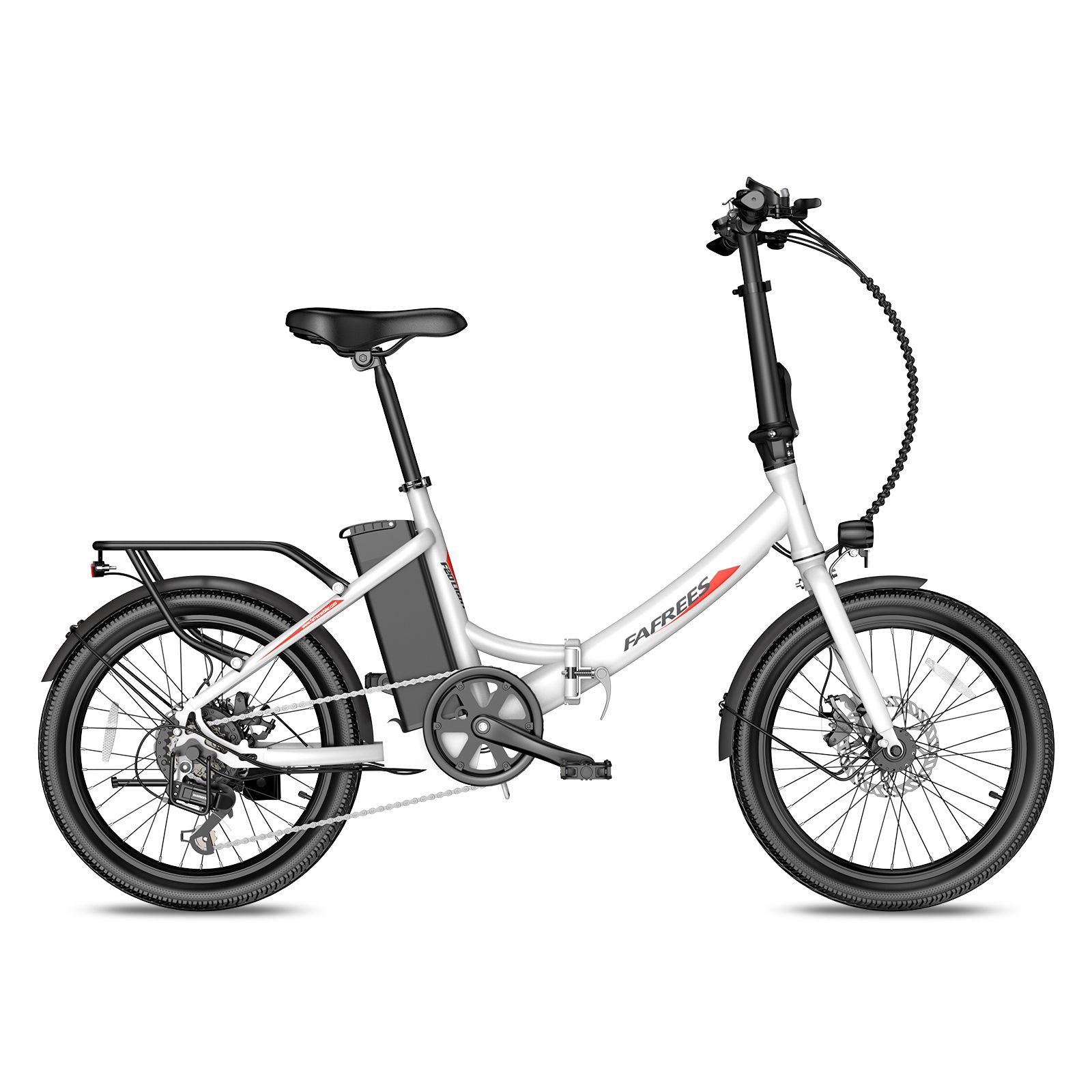 Silbernes Fafrees F20Light E-Bike mit schwarzem Sattel, Reifen und Gepäckträger. Akku am Rahmen.
