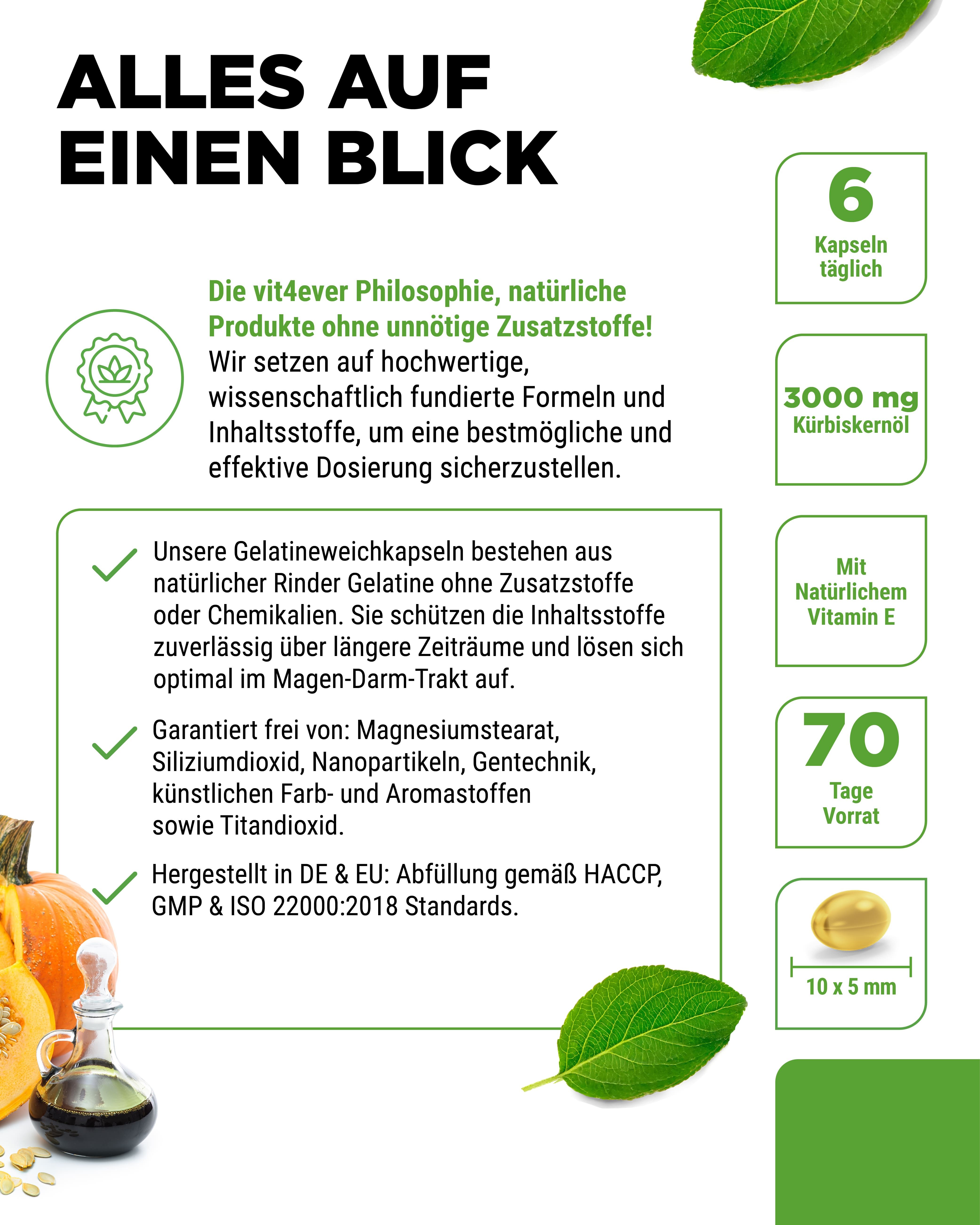 Flasche Kürbiskernöl-Kapseln. Text: 6 Kapseln täglich, 3000 mg Kürbiskernöl, 70 Tage Vorrat. Mit natürlichem Vitamin E.