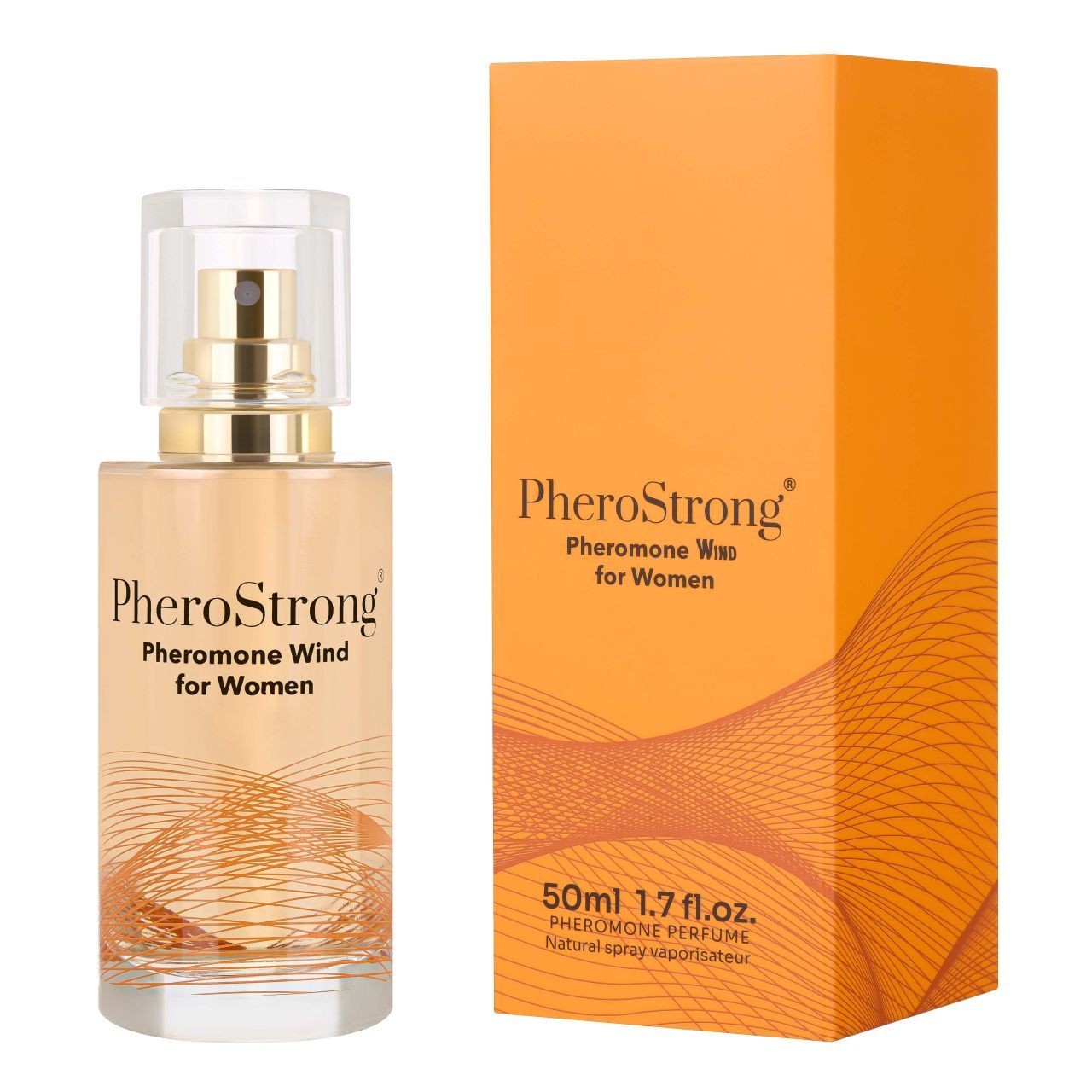 Parfümflasche und Verpackung. Aufschrift: PheroStrong Pheromone Wind für Frauen. Verpackung: orangefarben, mit Text.