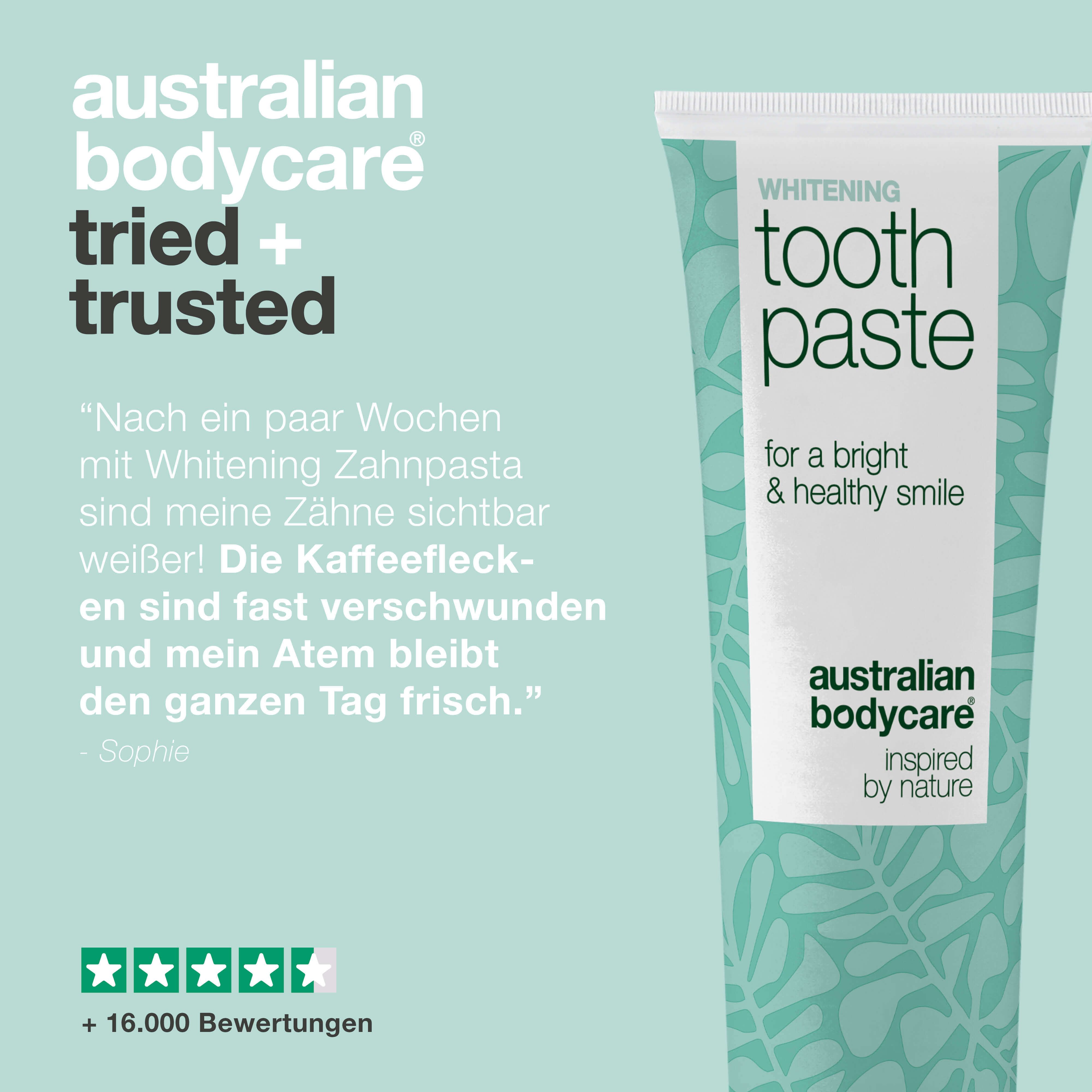 Zahnpasta-Tube, Text: Whitening Toothpaste, Australian Bodycare. Zitate und Bewertungen.