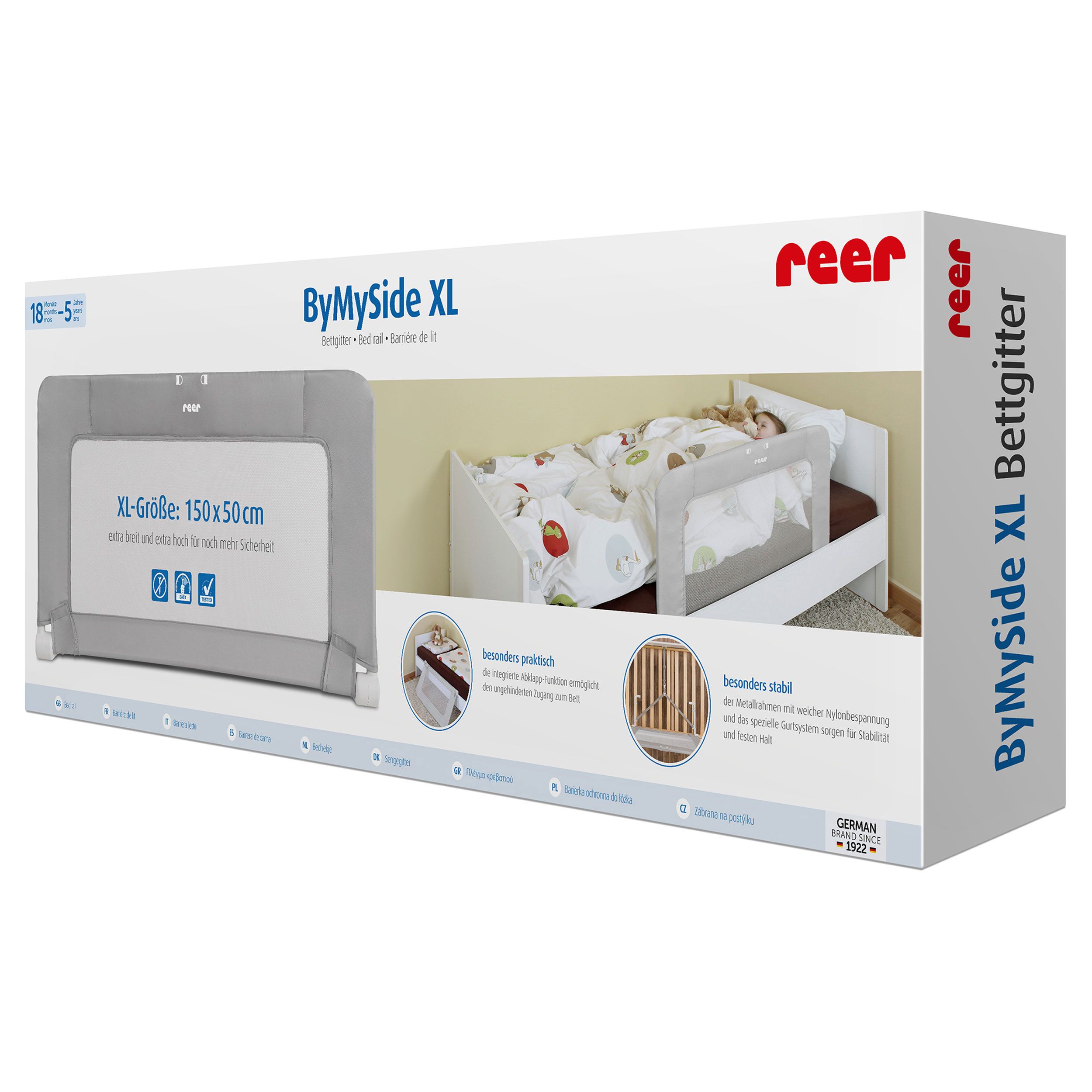 Verpackung der Bettgitter ByMySide XL. Marke reer. Text: ByMySide XL Bettgitter.