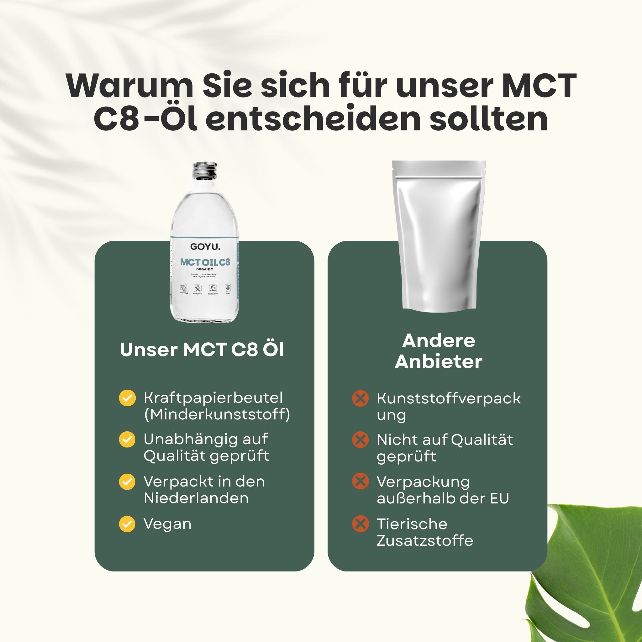 MCT C8-Öl im Vergleich. Unser MCT C8-Öl: Kraftpapierbeutel, vegan. Andere Anbieter: Plastikverpackung.