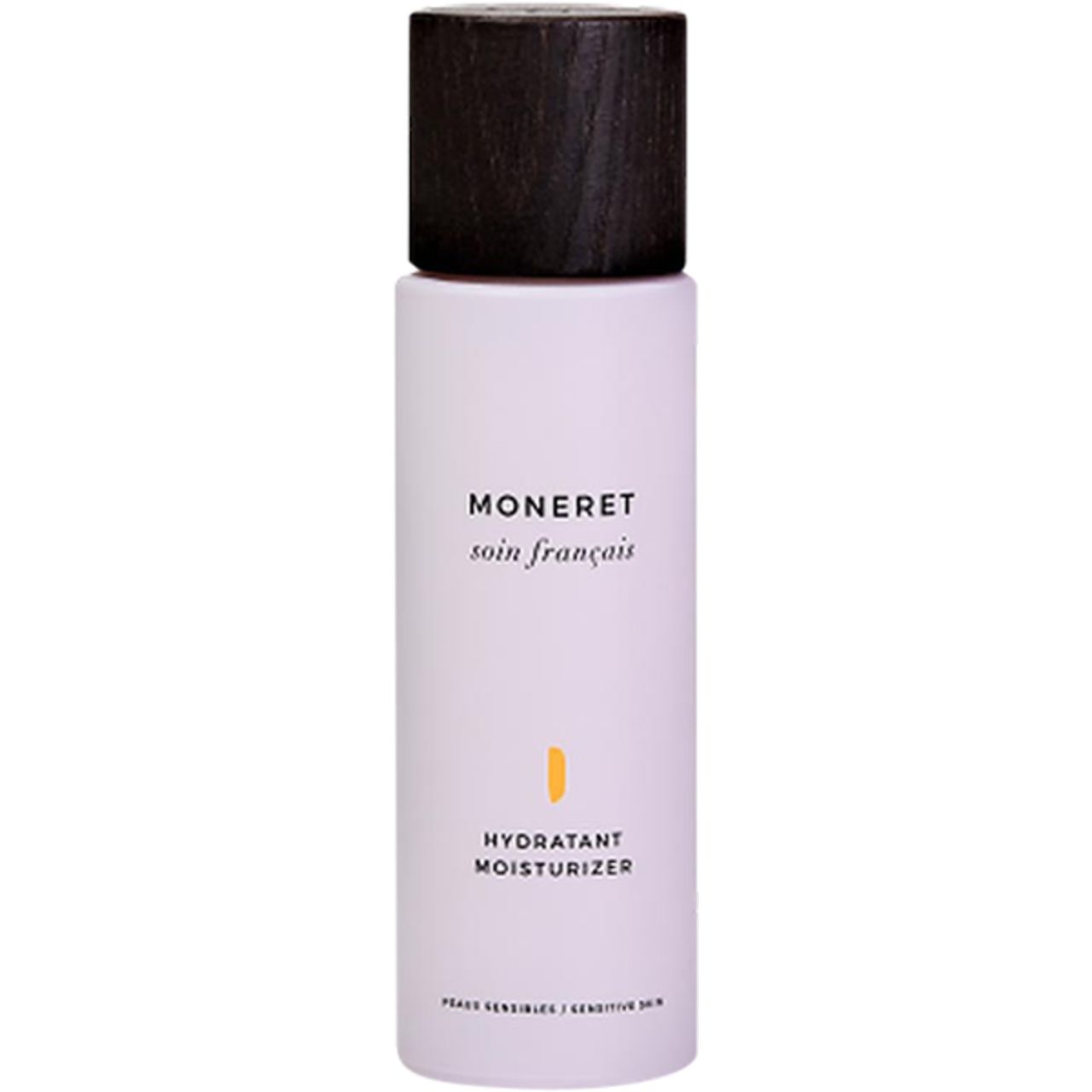 Zylindrische Flasche mit schwarzem Deckel. Aufschrift: MONERET, soin français, Hydratant Moisturizer. Für sensible Haut.