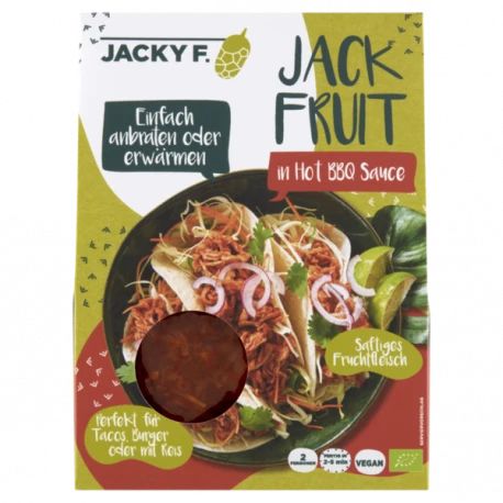 Verpackung mit Jackfruit in Hot BBQ Sauce. Aufschrift: Jacky F. Bio-Jackfruit. Mit Bio-Siegel. Abbildung von Tacos.