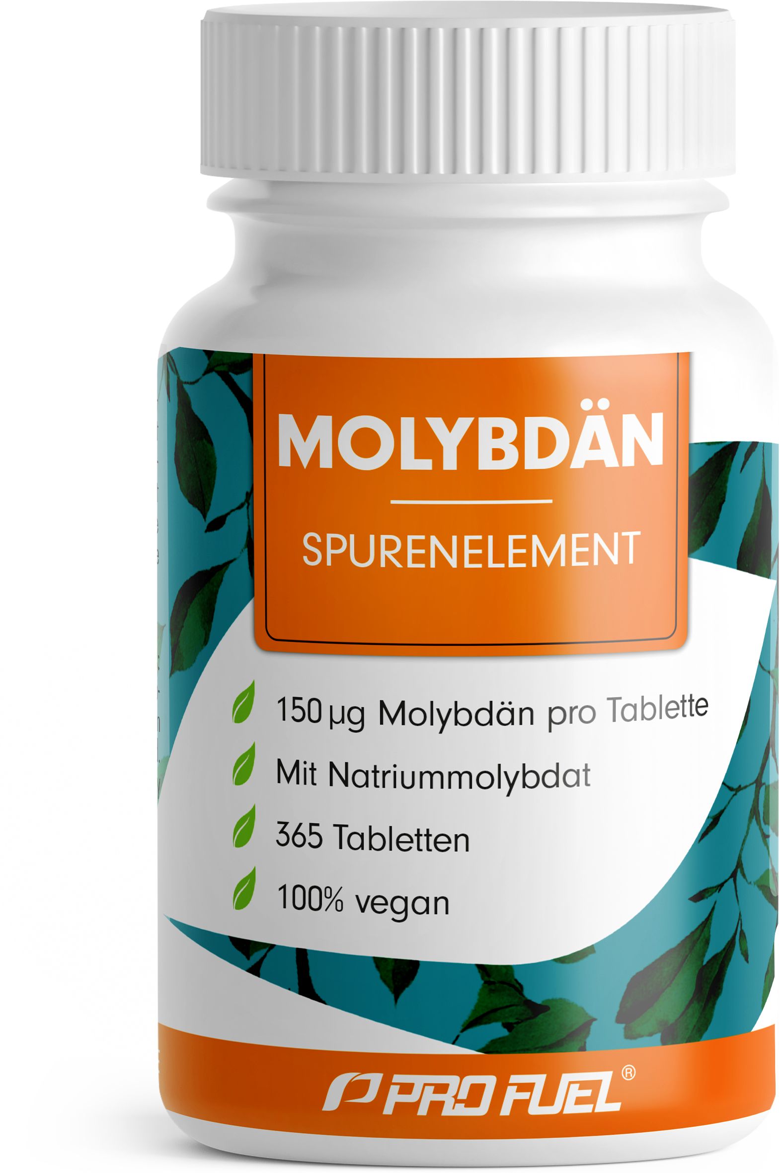 Weiße Flasche mit Molybdän-Tabletten. Orangefarbenes Etikett mit Text. Grüne Blätter als Designelement.