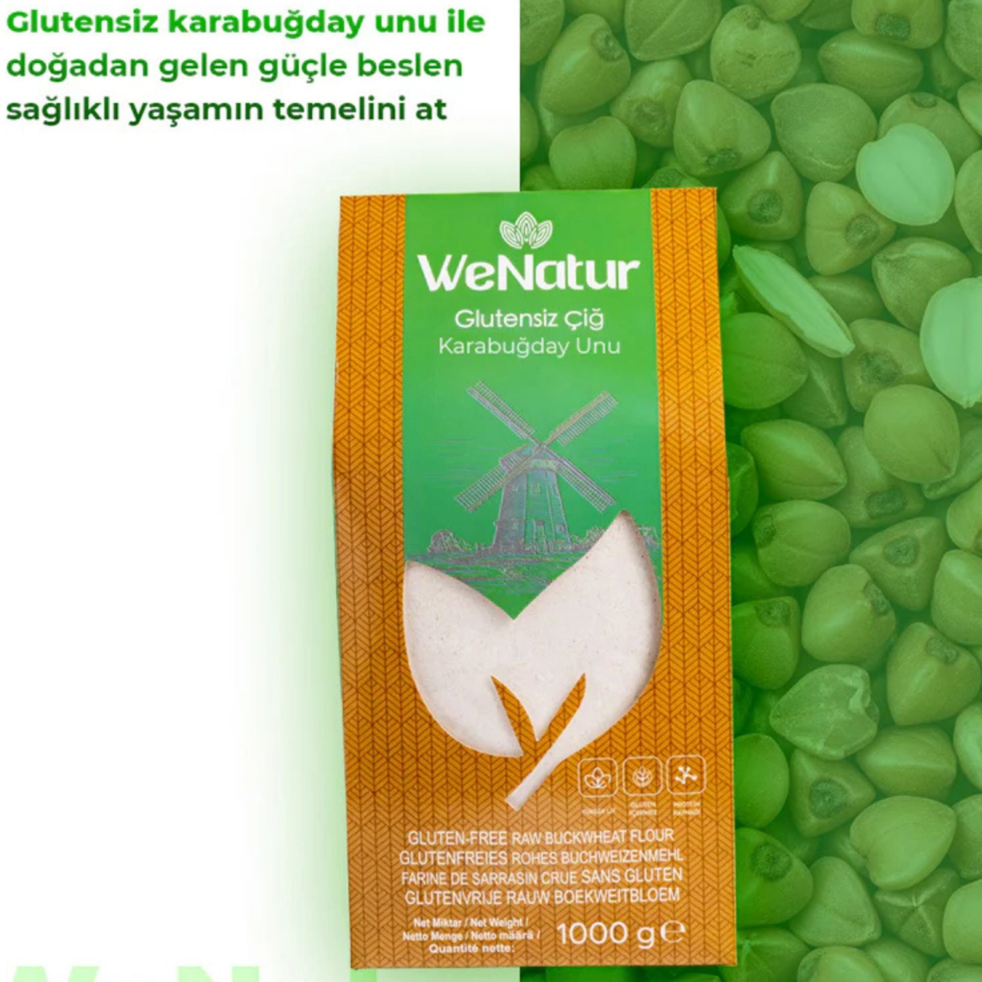 Packung WeNatur glutenfreies Buchweizenmehl mit 1000g Angabe.