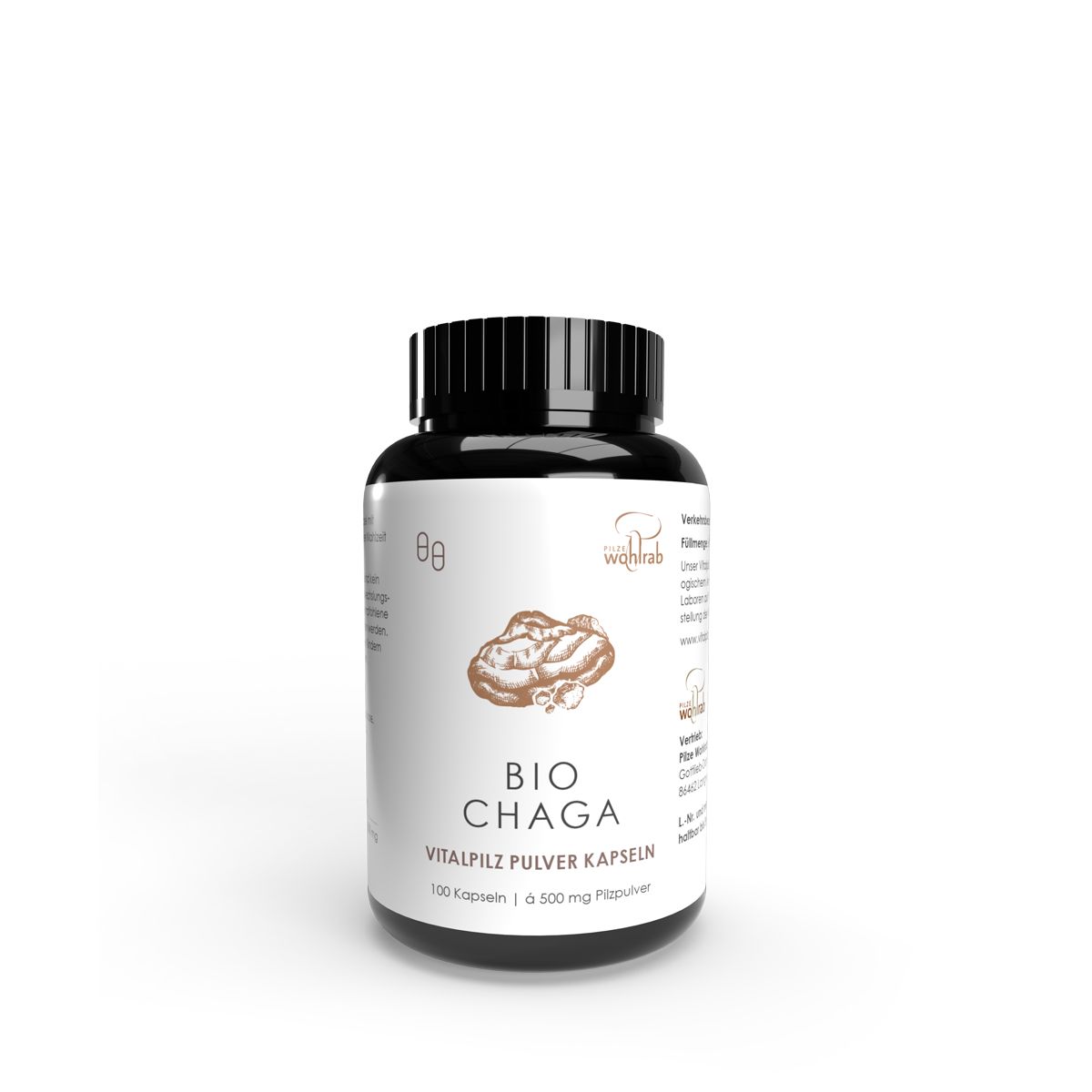 Braune Kapseln in einer schwarzen Flasche mit weißem Etikett. Aufschrift: Bio Chaga Vitalpilz Pulver Kapseln. Logo: Pilze Wohlrab.