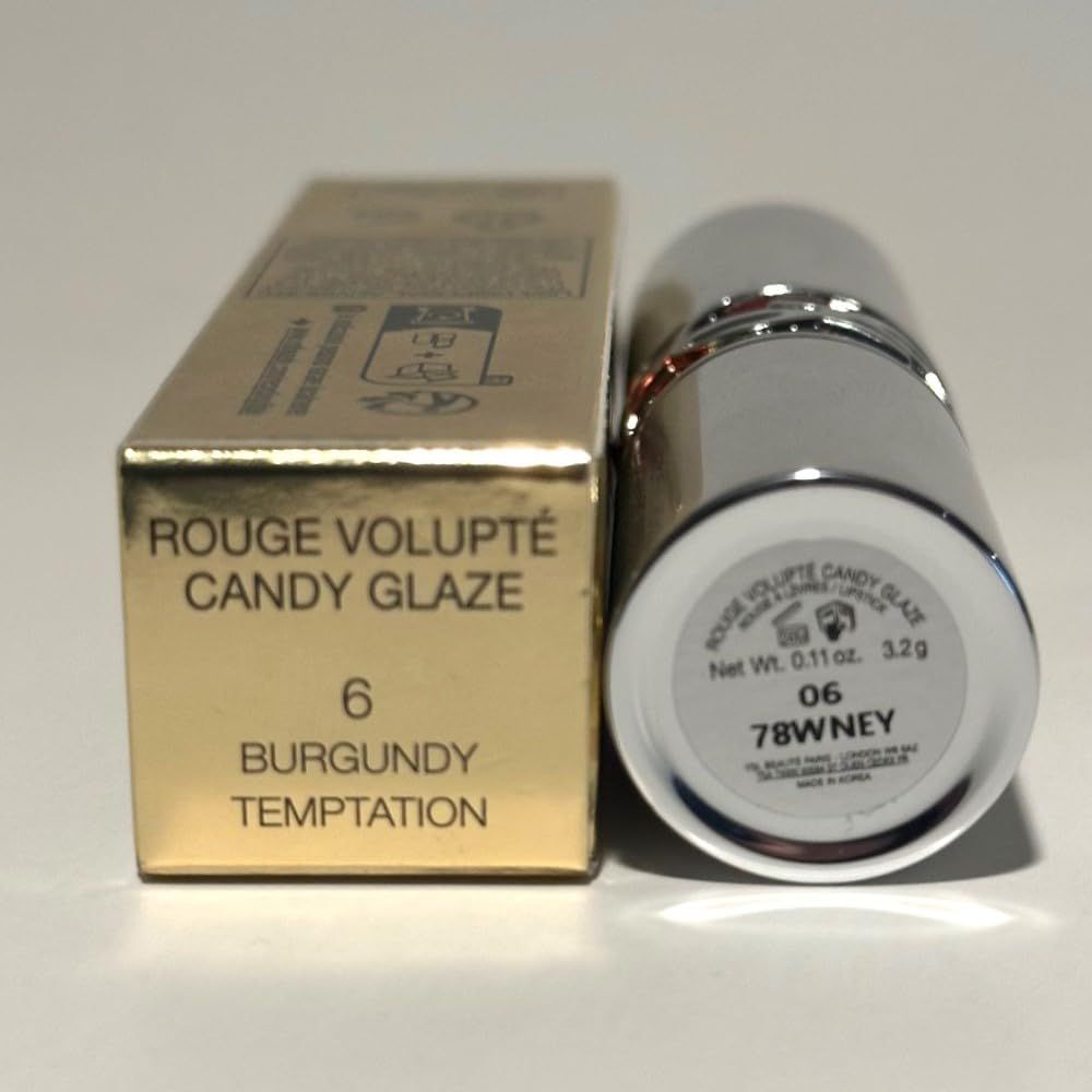 YSL Rossetto #6, mit Verpackung. Goldene Verpackung mit Produktbezeichnung und Farbe 'Burgundy Temptation'.