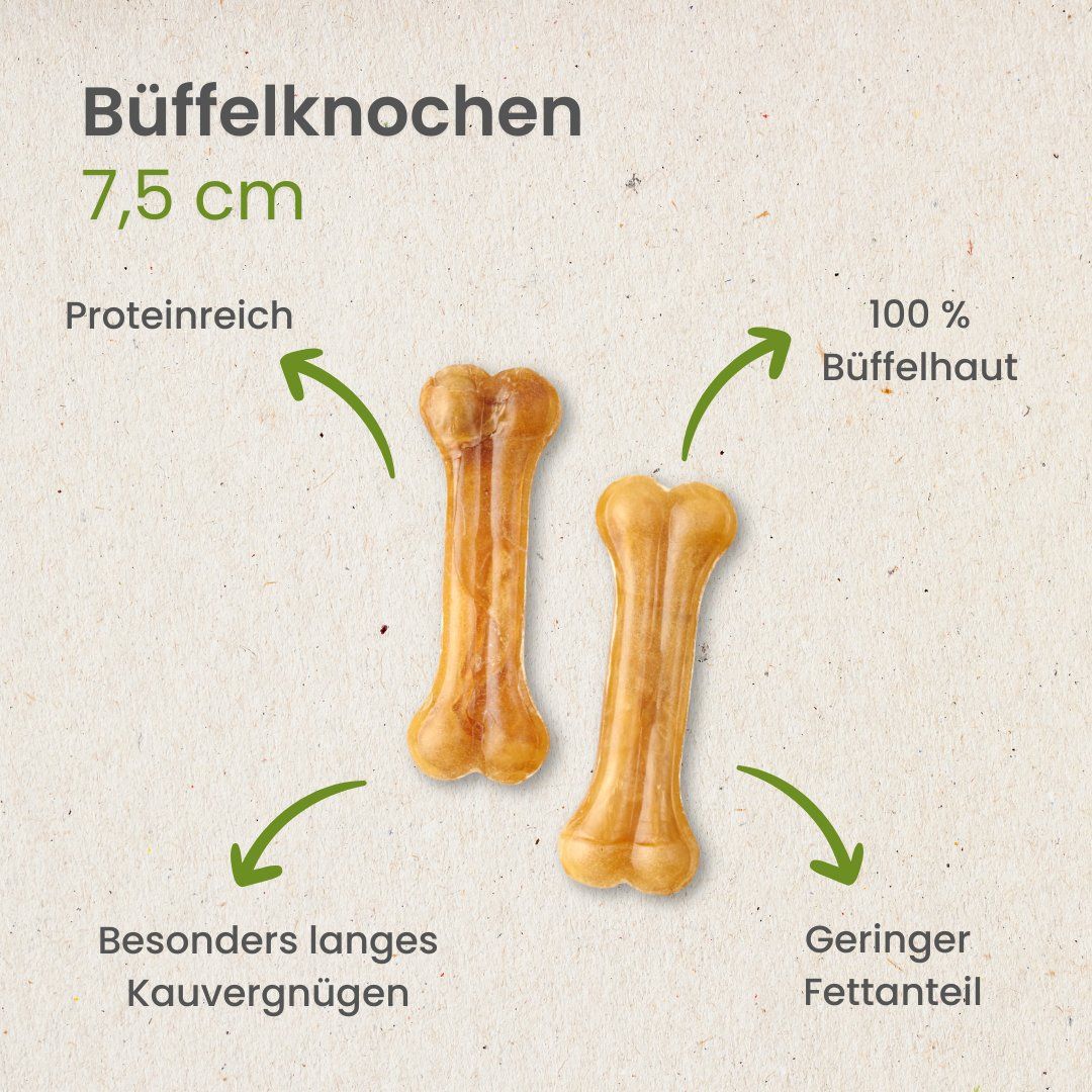 Zwei Büffelhautknochen, 7,5 cm lang. Beschriftungen weisen auf Proteinreichtum, 100% Büffelhaut, langen Kauspaß und geringen Fettanteil hin.