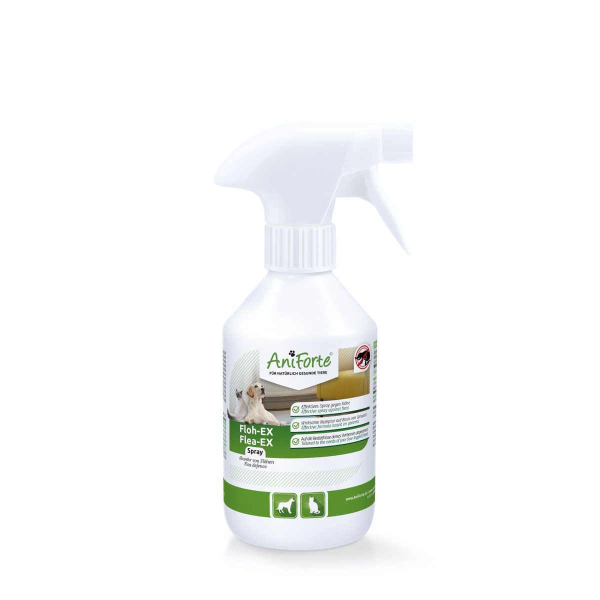 Weiße Sprühflasche mit AniForte-Logo und Produktbezeichnung Floh-EX Spray. Grün-weiße Etikettierung mit Abbildungen von Hund und Katze.