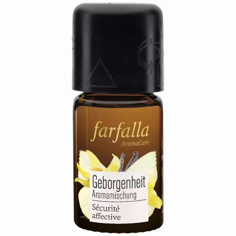 Braune Glasflasche mit schwarzem Deckel. Aufschrift: farfalla Aromamischung Geborgenheit Sécurité affective. Vanille-Abbildung.