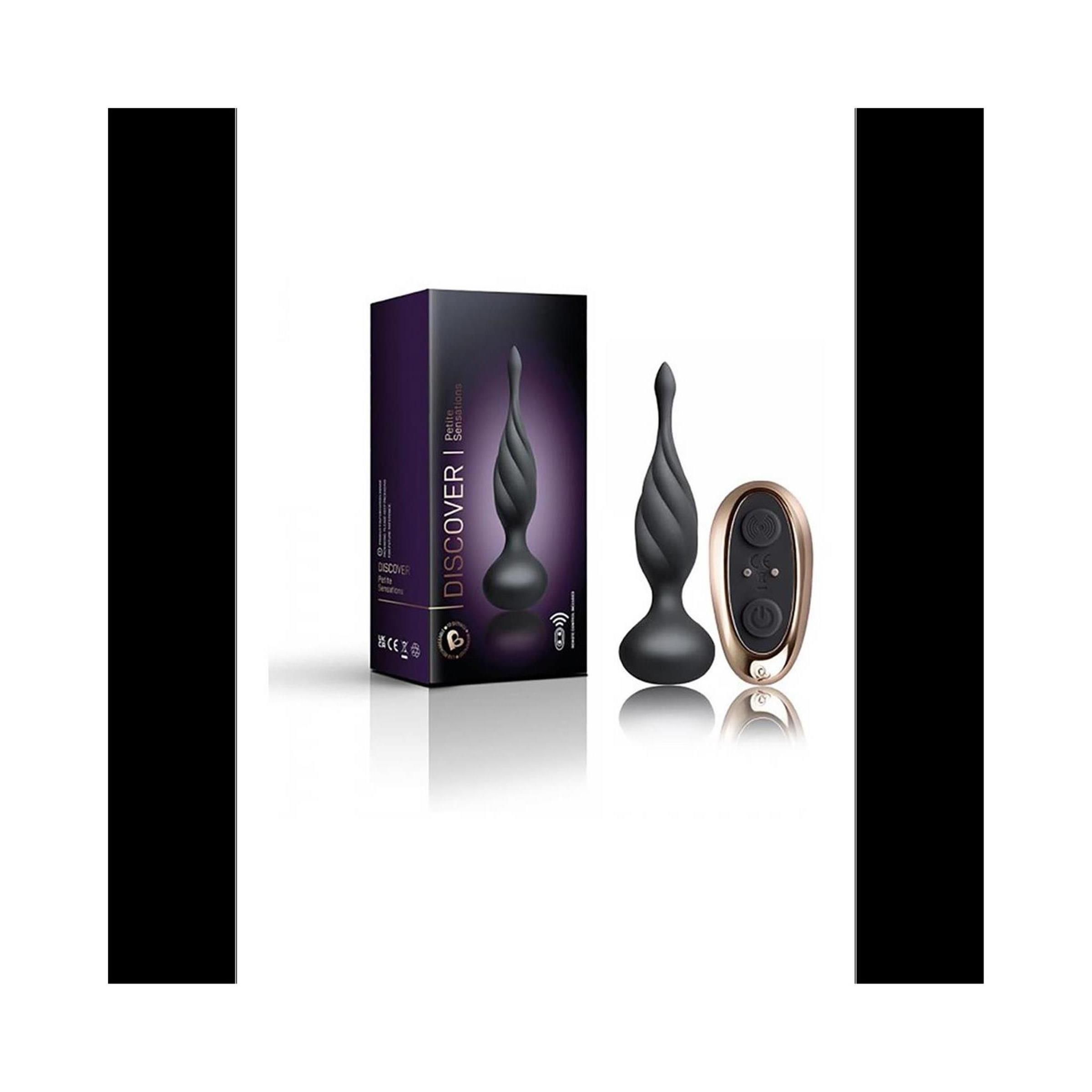 Schwarzer, strukturierter Analplug, Verpackung mit Produktname und Fernbedienung. Lila Verpackung mit Produktnamen.