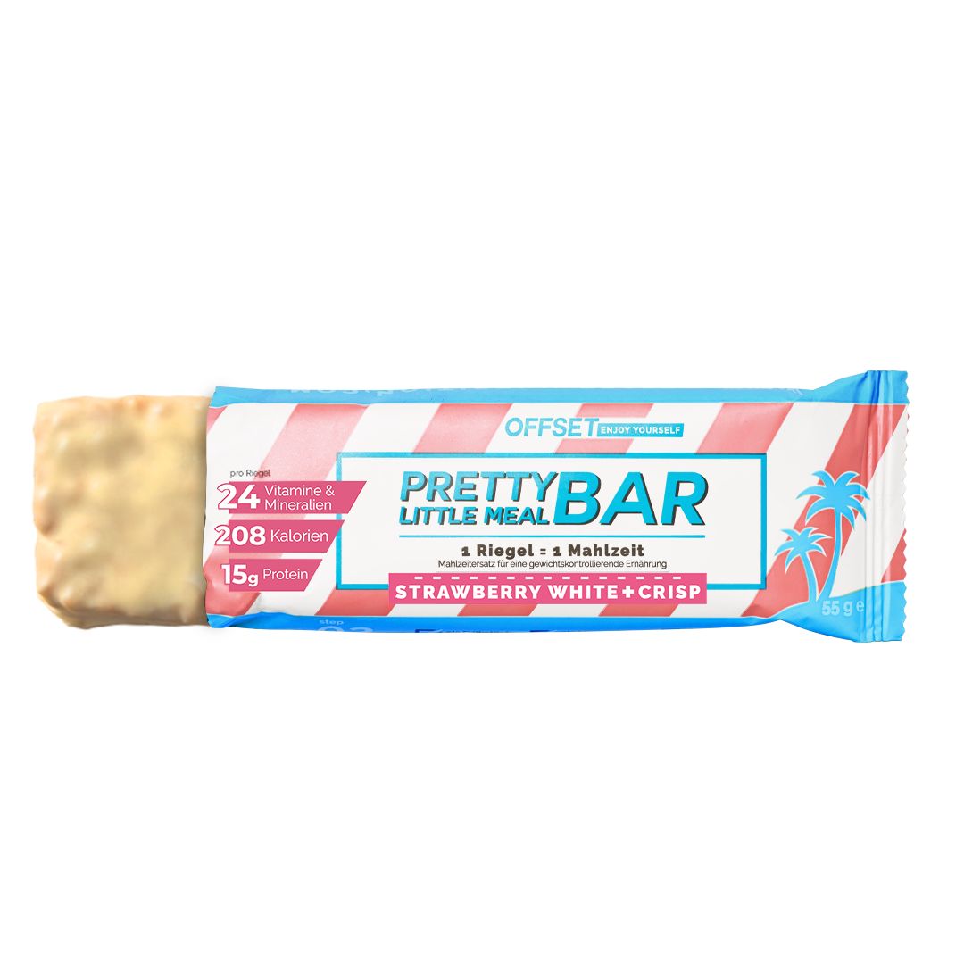 Riegel in Verpackung. Aufschrift: PRETTY LITTLE MEAL BAR, Erdbeer-Geschmack. Enthält Vitamine, Mineralien, Kalorien und Protein.