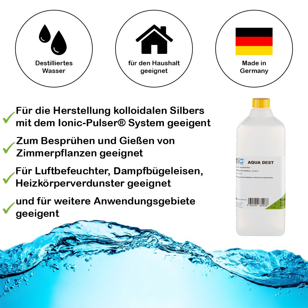 AQUA DEST destilliertes Wasser: Icons für Haushalt, Herstellung kolloidales Silber, Made in Germany.