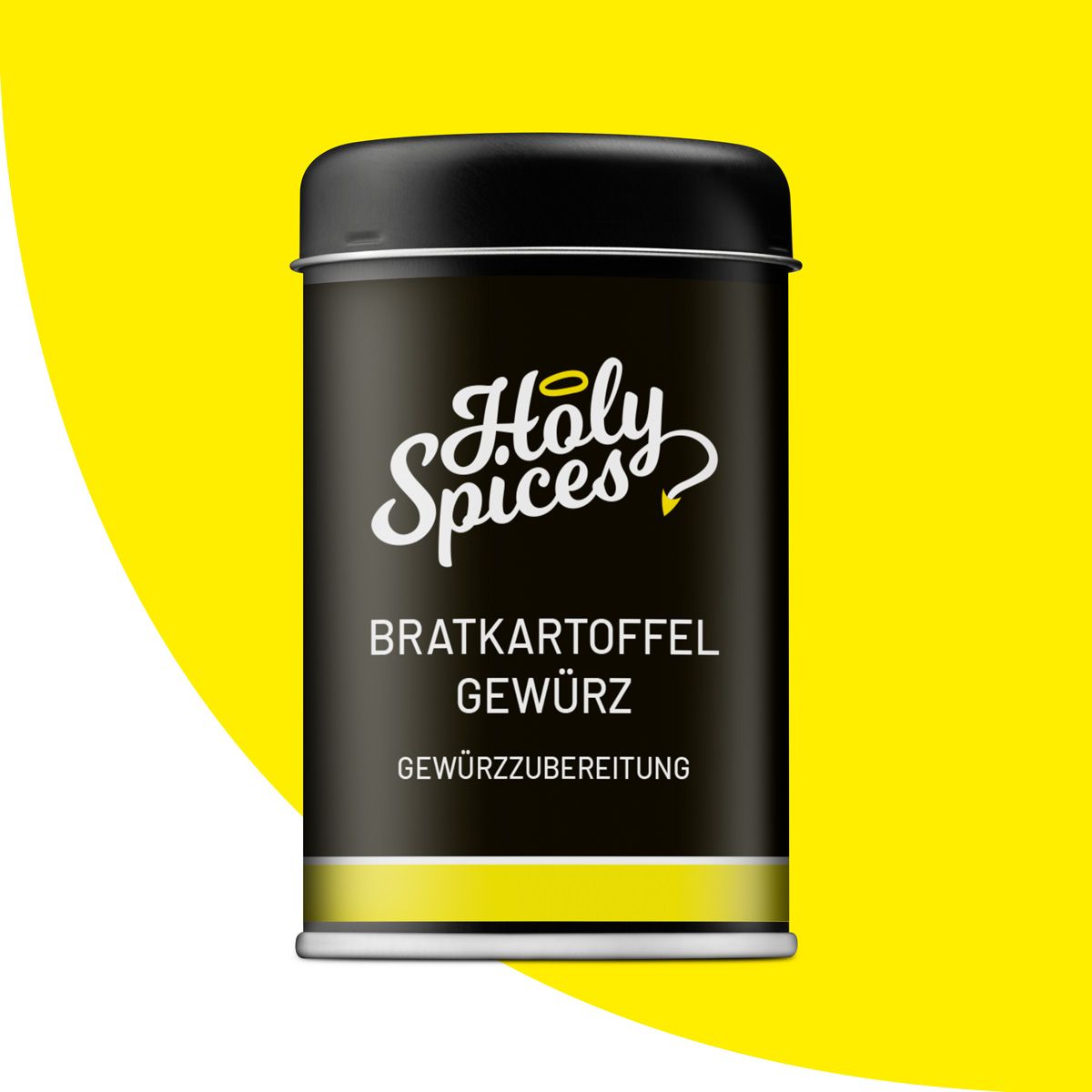 Schwarze Dose mit "Holy Spices"-Logo und "Bratkartoffel Gewürz"-Aufschrift. Gelber Hintergrund.