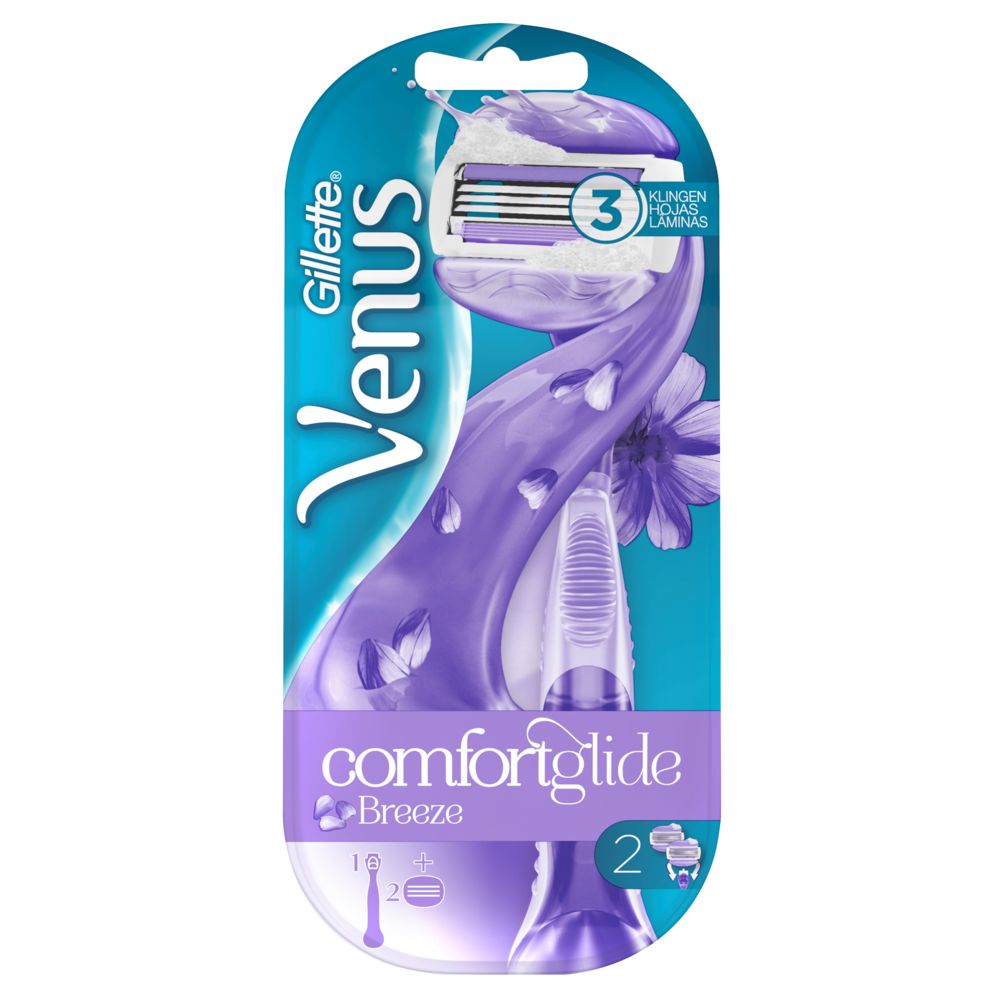 Gillette Venus Comfortglide Breeze Rasierer in Verpackung. Blauer Hintergrund. Produktname und Logo sichtbar.