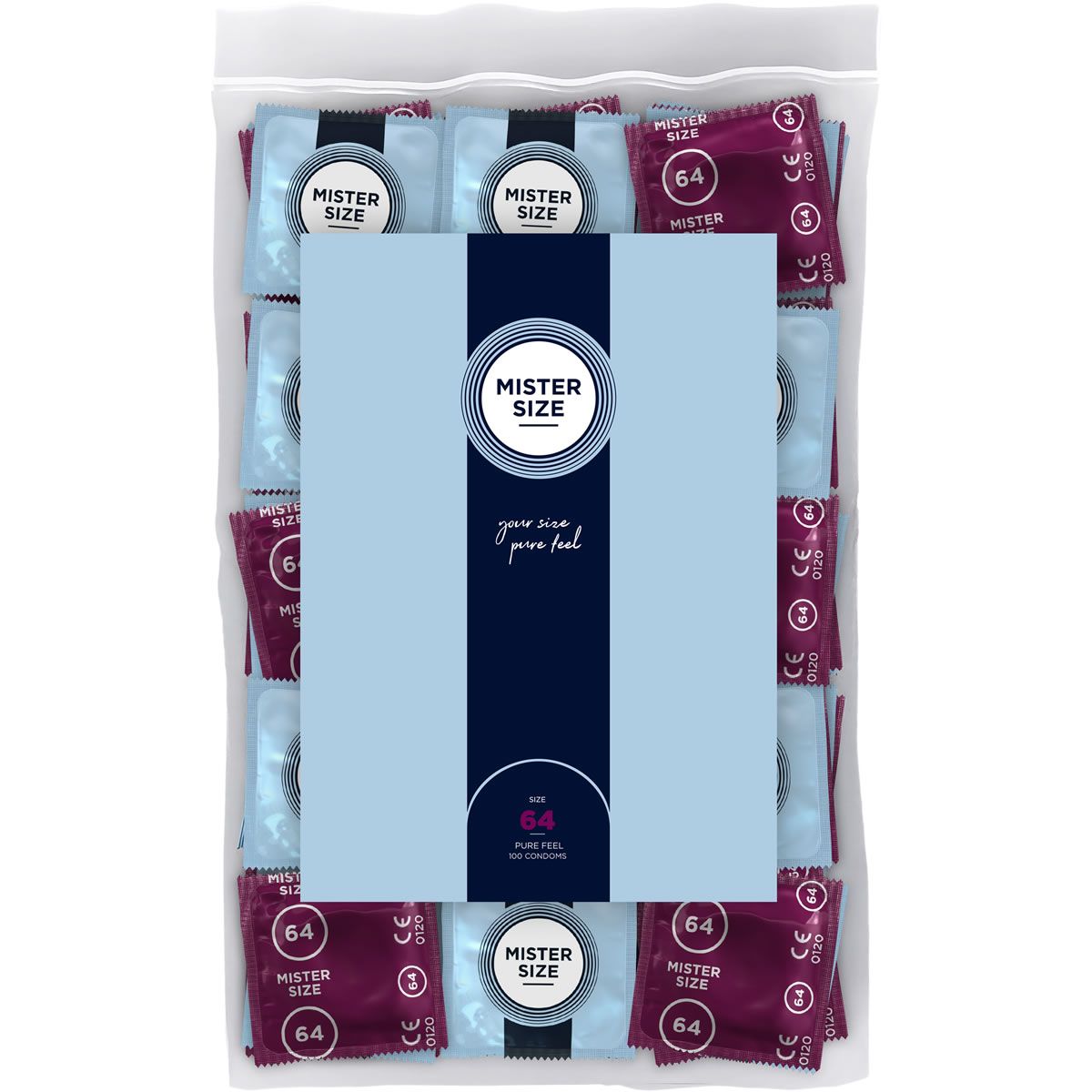 Verpackung mit Kondomen. Einzelne Kondome in hellblauen und weinroten Folien. Aufdruck: Mister Size, 64.
