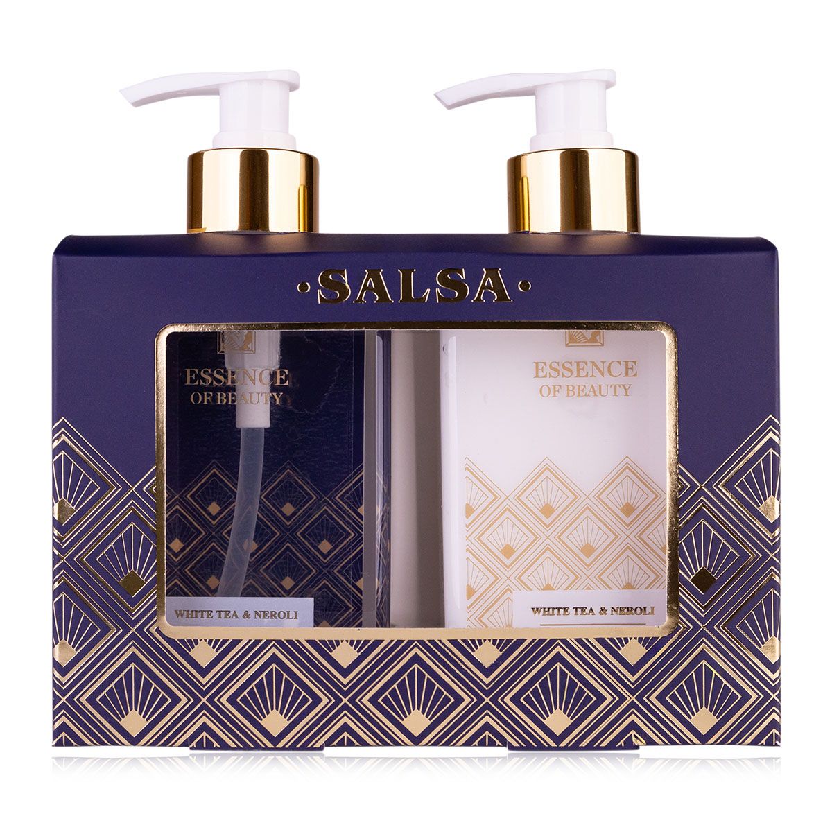 Geschenkset mit zwei Flaschen mit Pumpaufsatz. Aufschrift: Essence of Beauty, White Tea & Neroli. Verpackung mit geometrischem Muster.