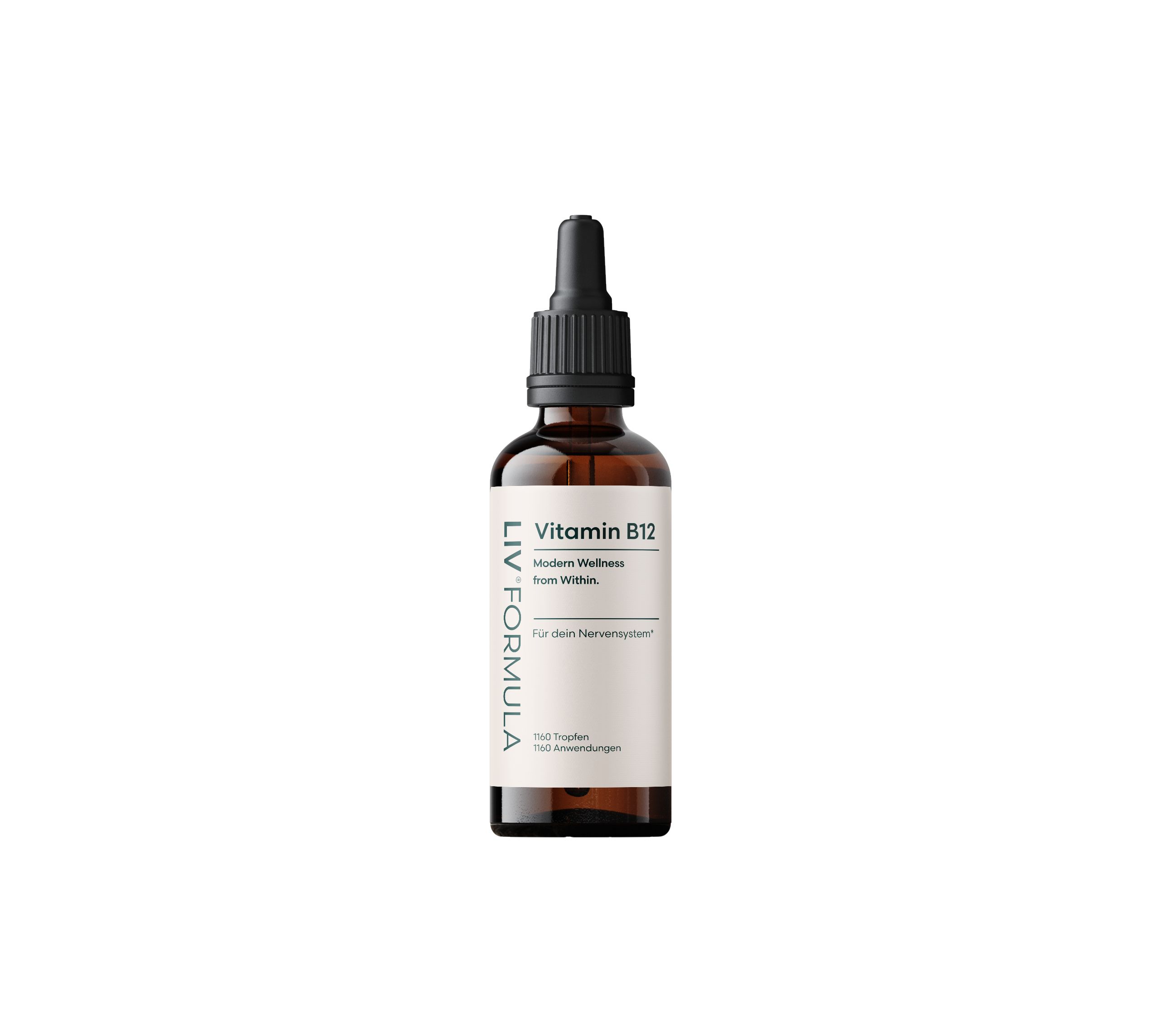 Braune Glasflasche mit schwarzem Deckel. Aufschrift: LIV.FORMULA Vitamin B12.