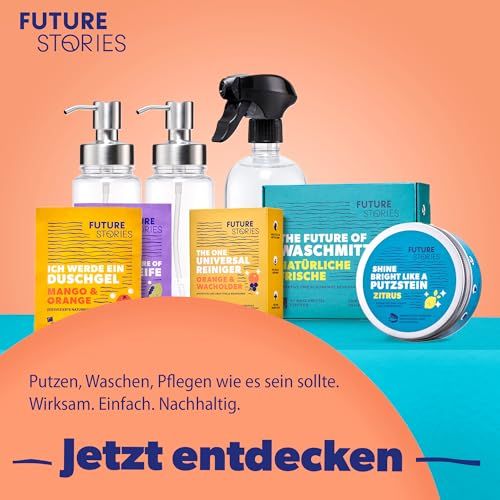 Verschiedene Produkte von Future Stories. Gezeigt werden u.a. Pumpspender, Flüssigseife, Waschmittel und Putzstein.