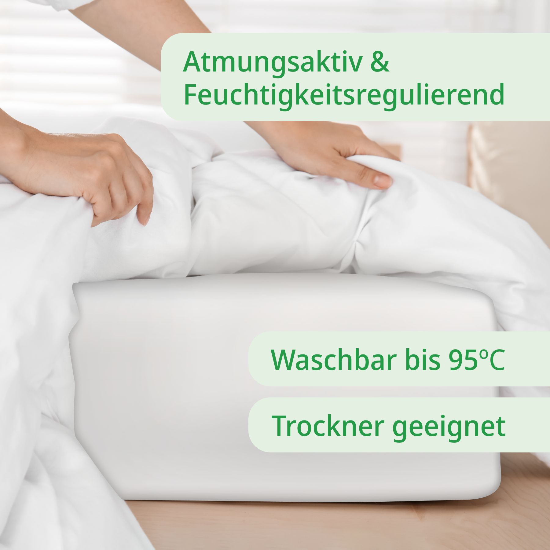 Matratzenbezug. Text: Atmungsaktiv & feuchtigkeitsregulierend, Waschbar bis 95°C, Trockner geeignet.