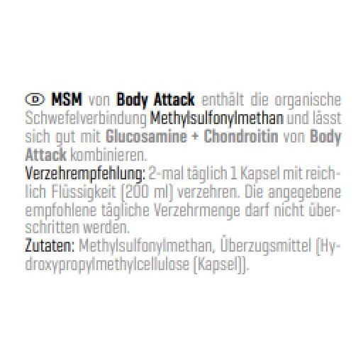 Text auf weißem Hintergrund. Enthält Informationen zu MSM von Body Attack, Inhaltsstoffen und Verzehrempfehlung.