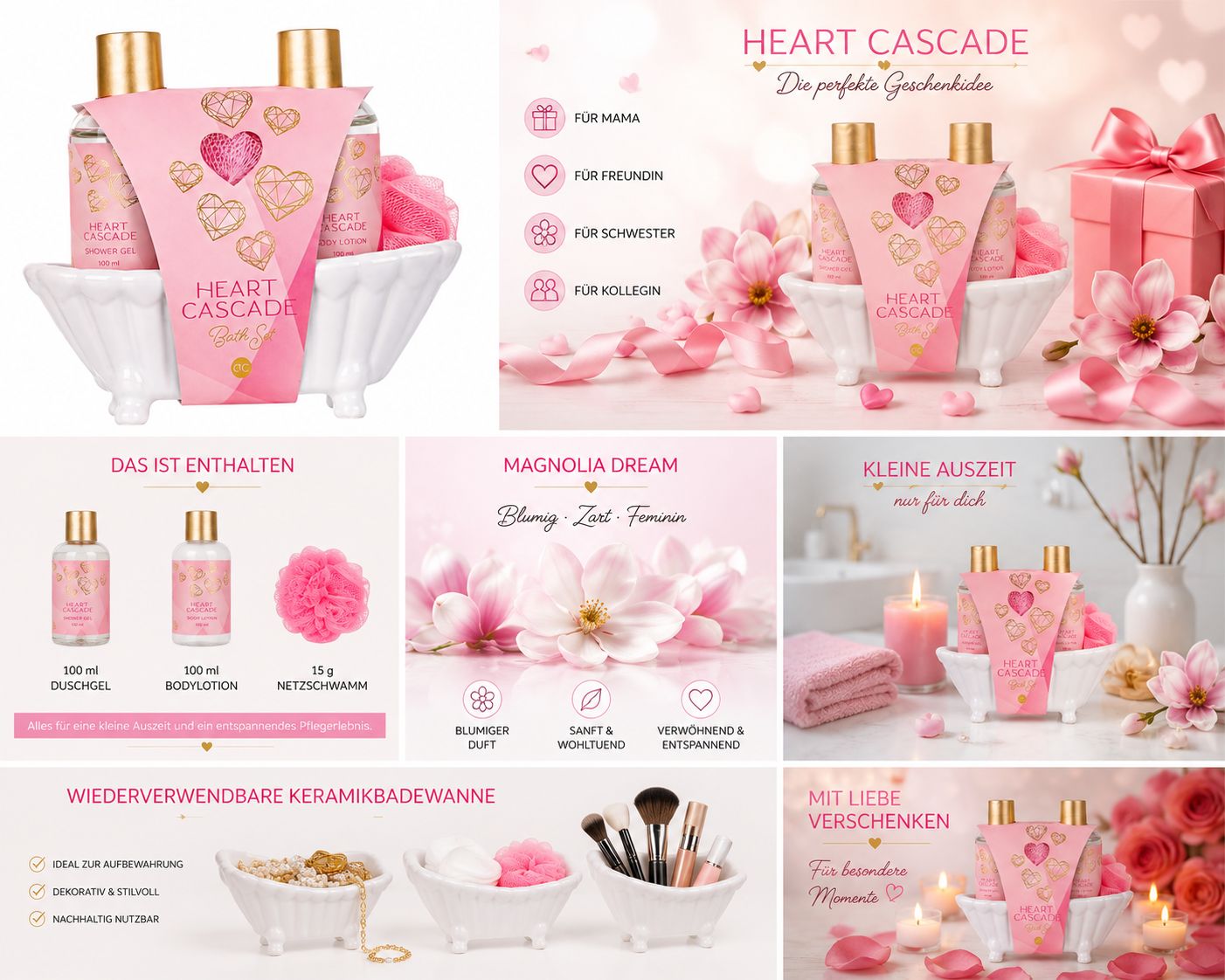 Accentra Geschenkset HEART CASCADE in Keramik-Badewanne mit Duschgel, Bodylotion und Netzschwamm.