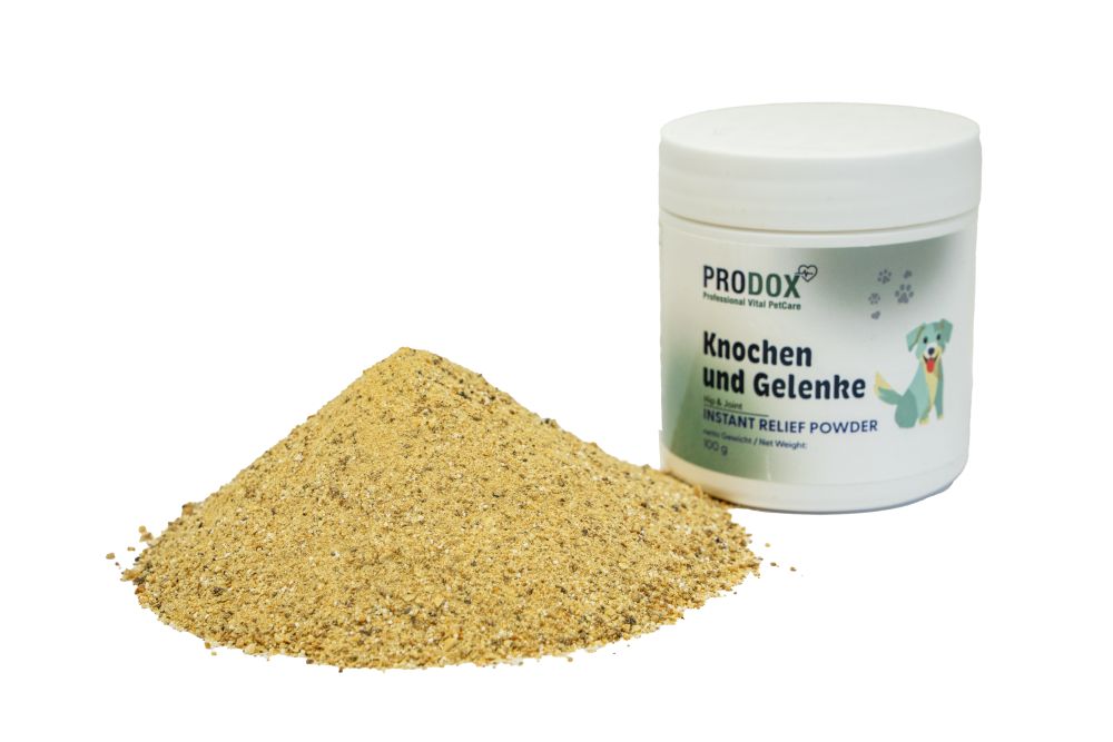 PRODOX Knochen und Gelenke Pulver und Haufen. Weißer Behälter mit blauer Schrift und Hund-Illustration. Pulver daneben.