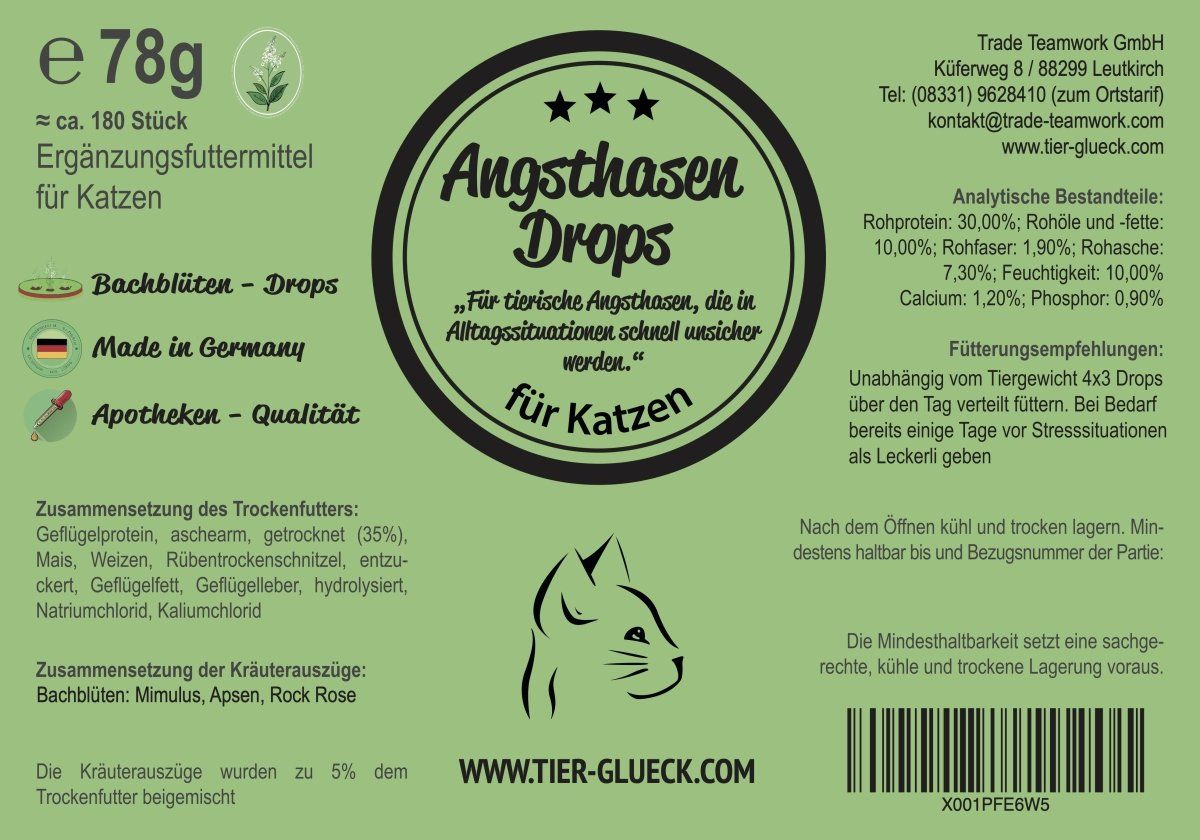 Etikett mit Produktinformationen: TierGlück Angsthasen Drops für Katzen. Inhaltsstoffe, Fütterungsempfehlung, Herstelleradresse, Logo, Gewicht 78g.