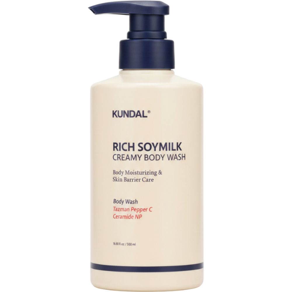 KUNDAL Rich Soymilk Creamy Body Wash. Flasche mit Pumpverschluss. Text: Body Moisturizing & Skin Barrier Care.