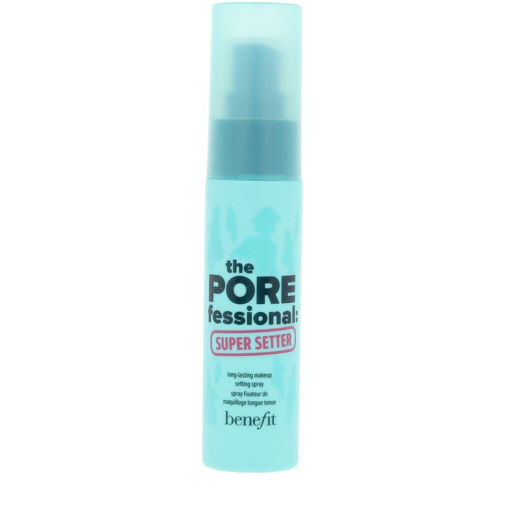 Türkisgrüne Sprühflasche mit weißem Aufdruck. Text: Porefessional Super Setter. Marke: Benefit. Transparenter Deckel.