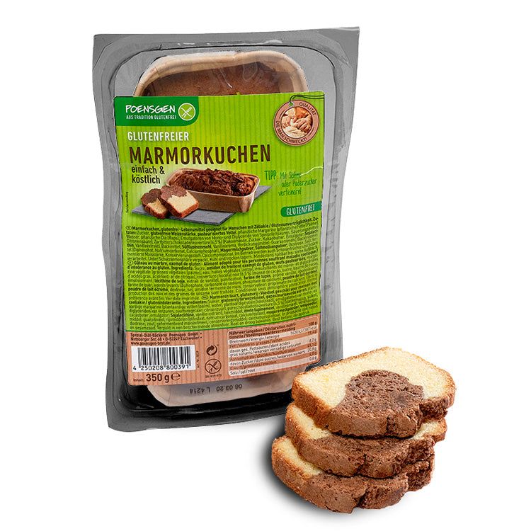 Marmorkuchen glutenfrei in Verpackung. Drei Scheiben Kuchen daneben. Aufschrift: Poensgen, Marmorkuchen, glutenfrei.