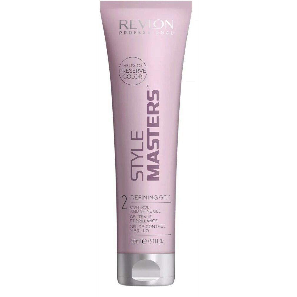 Revlon Style Masters Defining Gel Tube. Helllila Tube mit silberner Kappe. Text: Revlon, Style Masters, Defining Gel, 150ml/5.1 fl.oz.