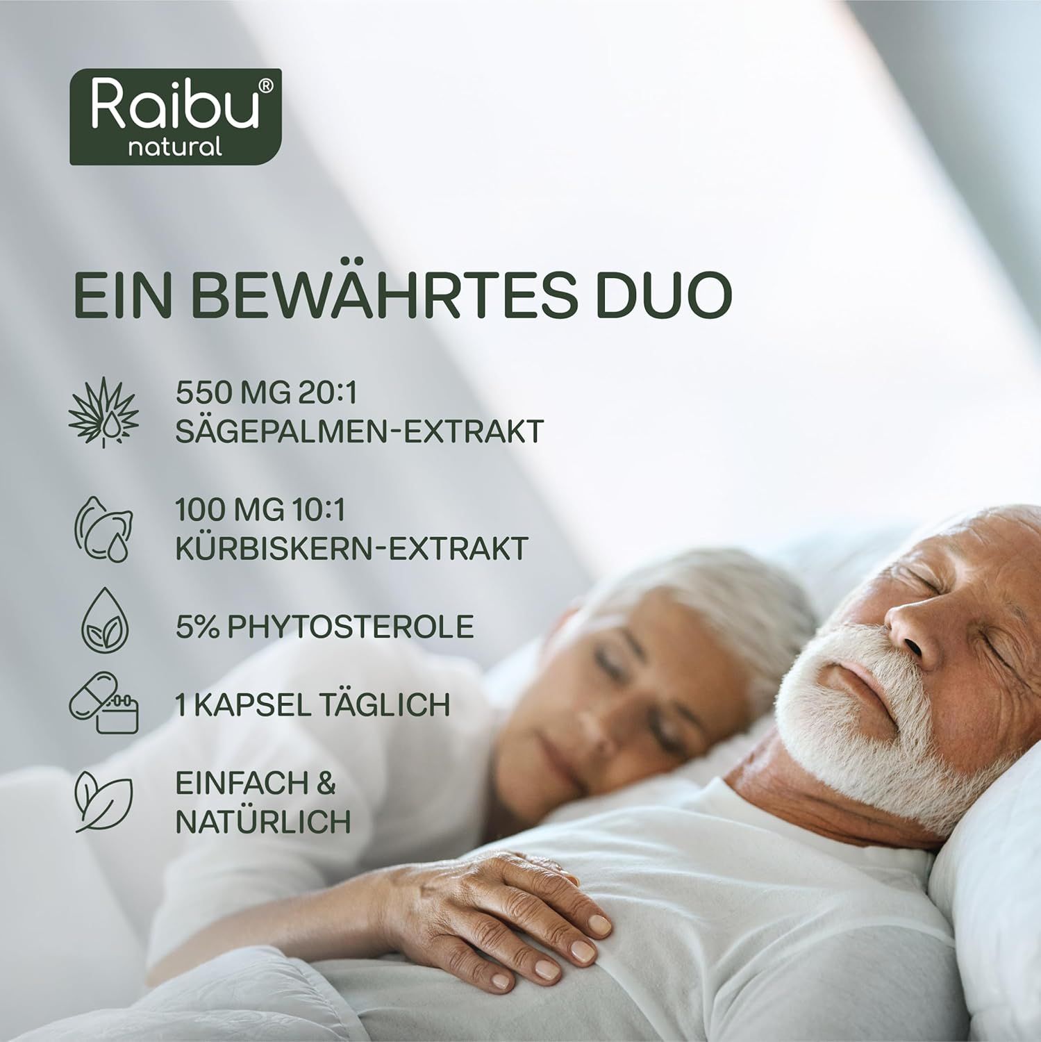 Zwei Personen schlafen. Text: 550 mg Sägepalmenextrakt, 100 mg Kürbiskernextrakt, 5% Phytosterole.
