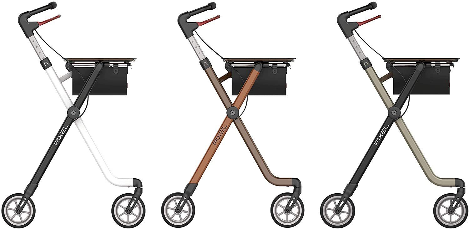 Rollator in drei Farben: Schwarz/Weiß, Braun/Beige, Beige/Schwarz. Vier Räder, Korb, Tablett, Handgriffe mit Bremsen.