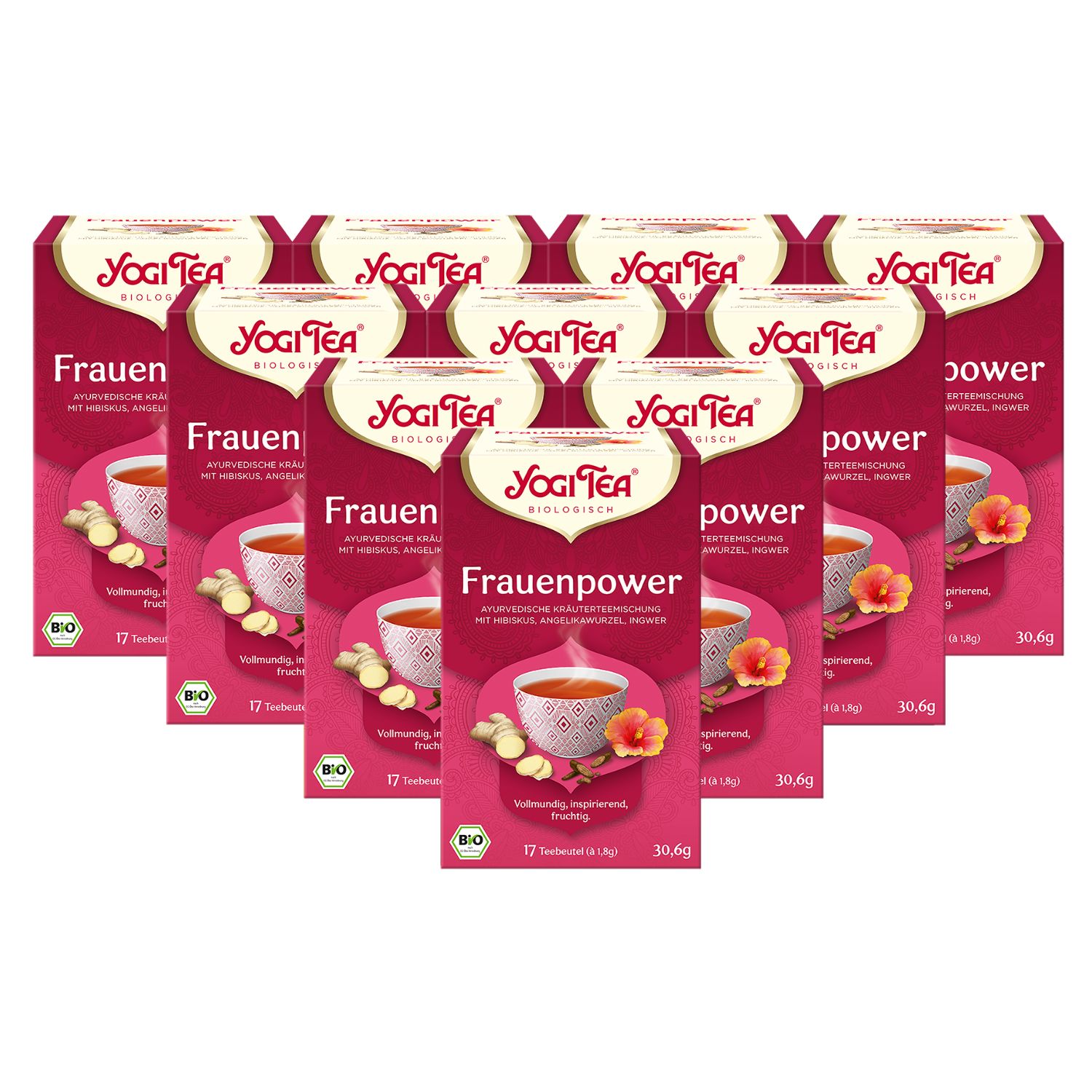 Mehrere Packungen Kräutertee, pinke Verpackung mit Logo und Produktnamen. Bio-Siegel. 17 Teebeutel.