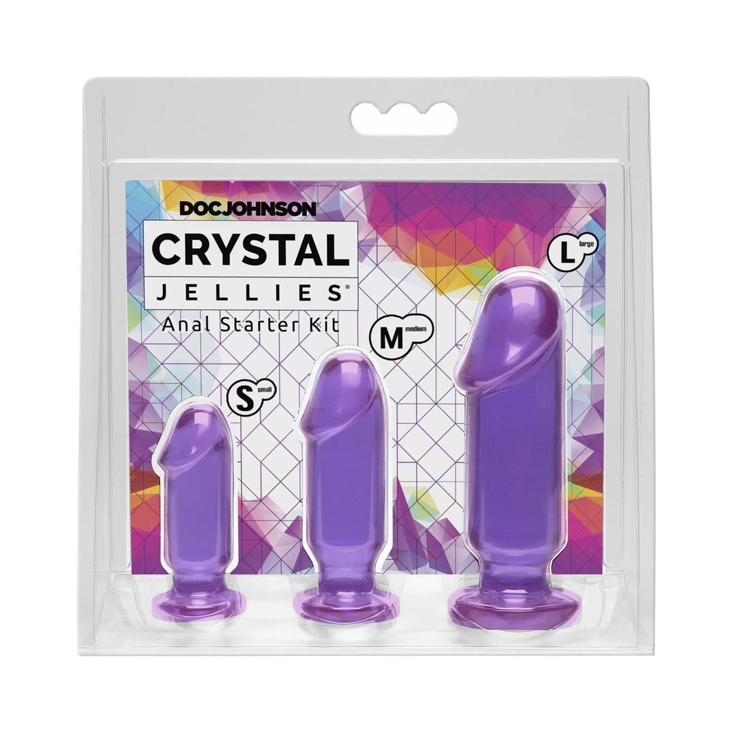 Anal Starter Kit mit drei unterschiedlich großen, lilafarbenen Dildos in einer transparenten Verpackung. Marke: Doc Johnson.