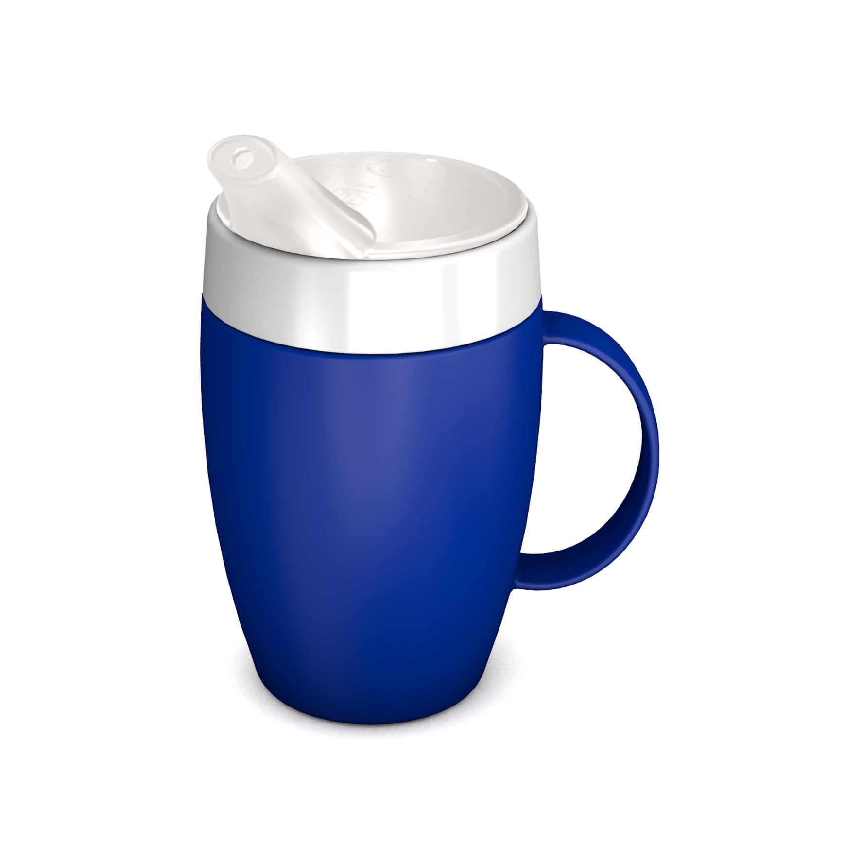 Blauer Becher mit Trink-Trick, kleinem Henkel und Schnabelaufsatz. Weißer Deckel. Griff an der Seite.