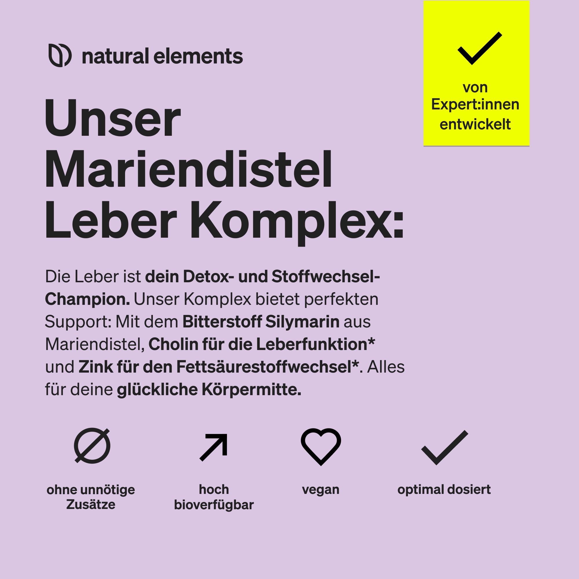 natural elements Mariendistel Leber Komplex - 120 Kapseln - Cholin, Artischockextrakt, Curcuma, Zink