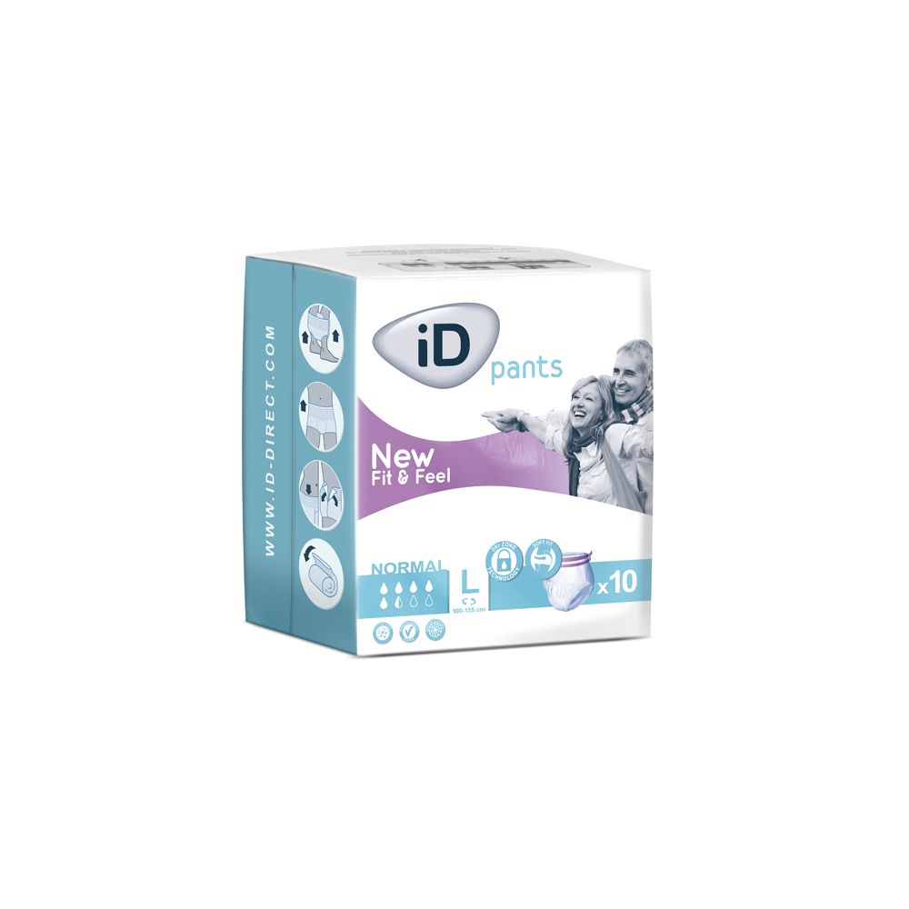 Verpackung von iD Pants. Aufschrift: iD pants, New Fit & Feel, Normal, Größe L, x10. Abbildung von Personen.
