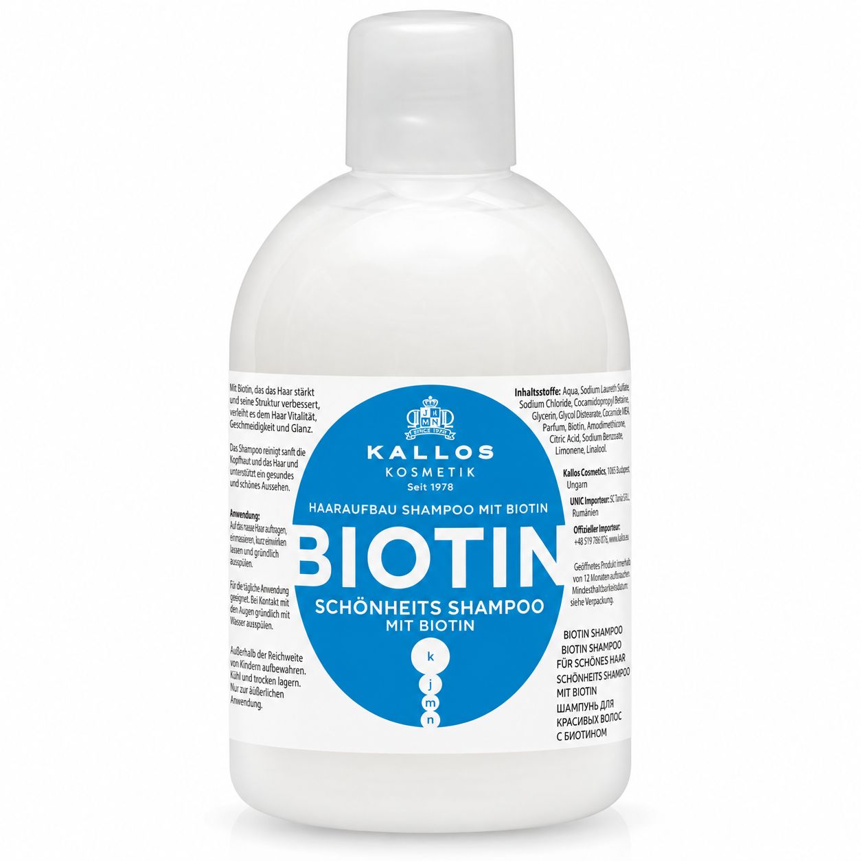 Kallos Biotin Schönheits Shampoo Flasche mit detaillierter Etikettierung.