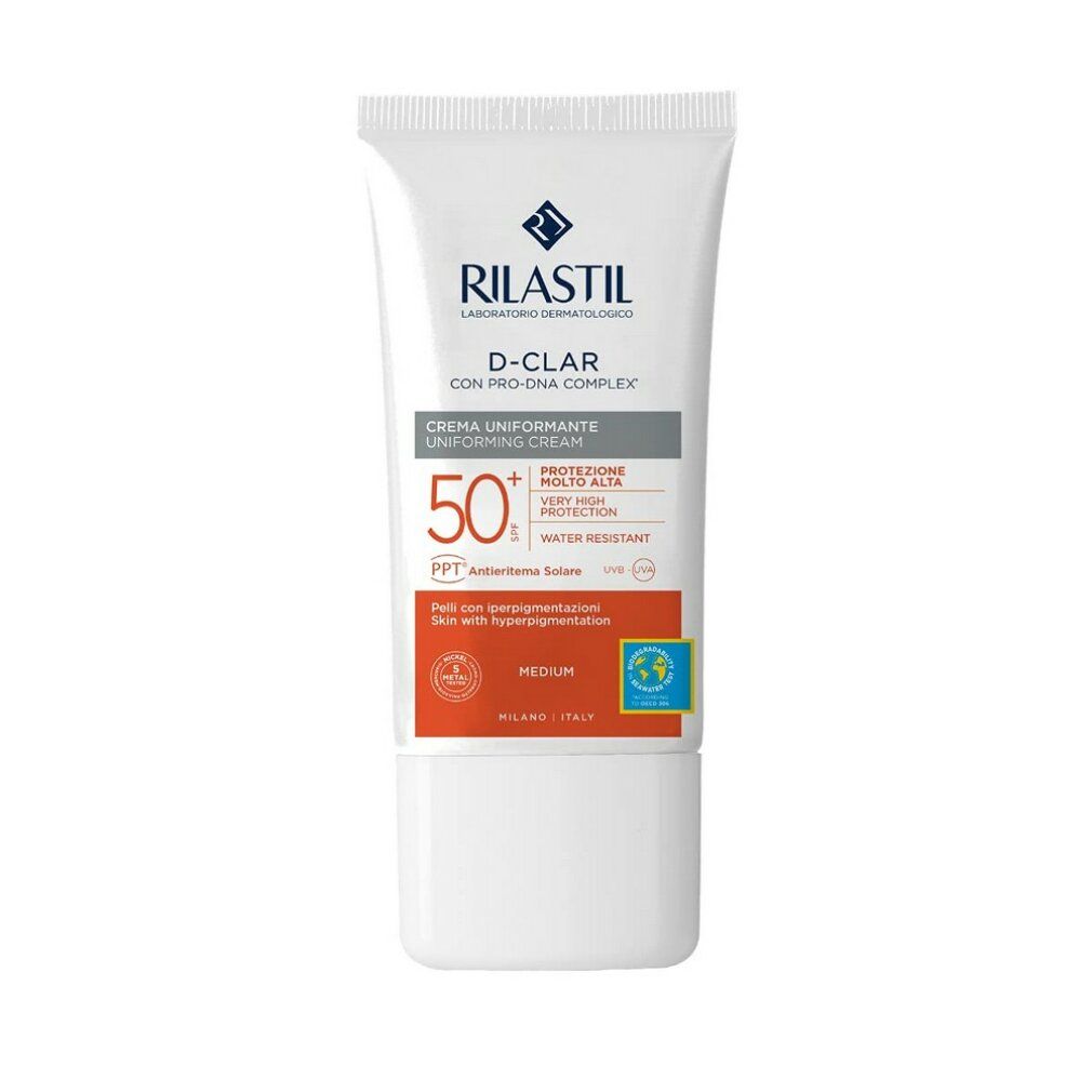 RILASTIL® D-CLAR Creme. Uniformierende Creme mit SPF 50+. Sehr hoher Schutz. Wasserfest. Für empfindliche Haut mit Hyperpigmentierung.