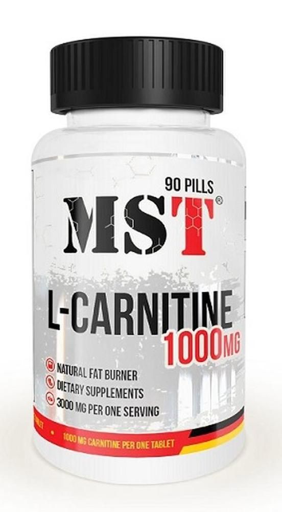 Weiße Flasche mit schwarzem Deckel. Aufschrift MST L-Carnitine 1000mg. Enthält 90 Pillen. Zusätzliche Informationen: Natural Fat Burner, Dietary Supplements.